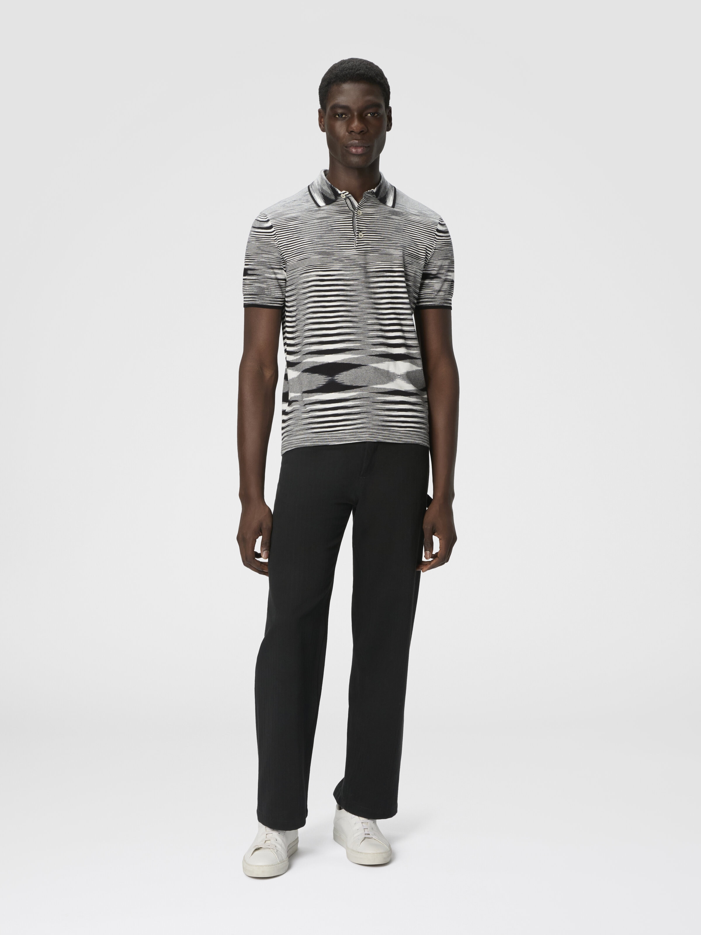 Poloshirt aus Baumwolle in Flammgarnoptik, Weiß & Schwarz - 1