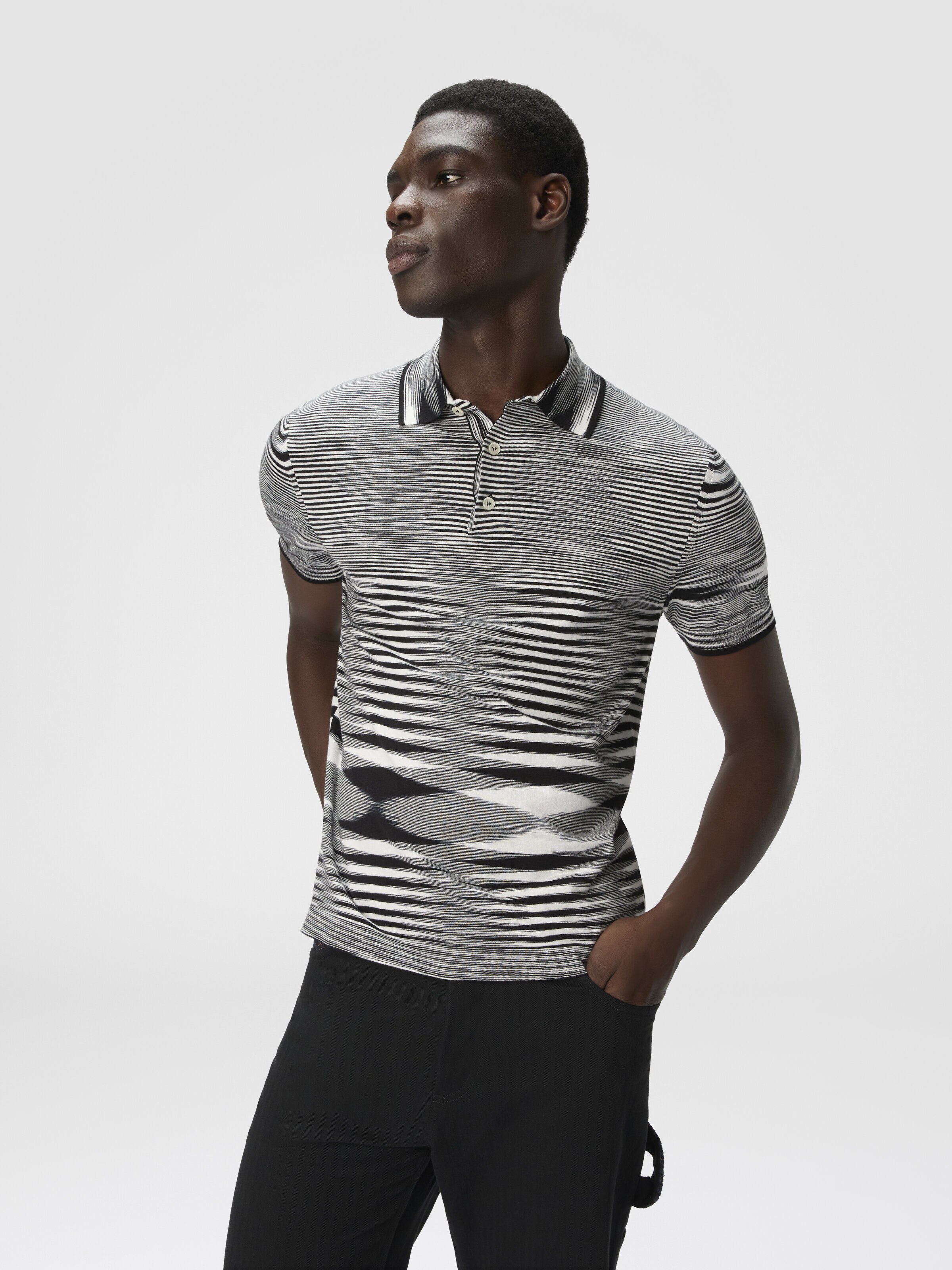 Poloshirt aus Baumwolle in Flammgarnoptik, Weiß & Schwarz - 3
