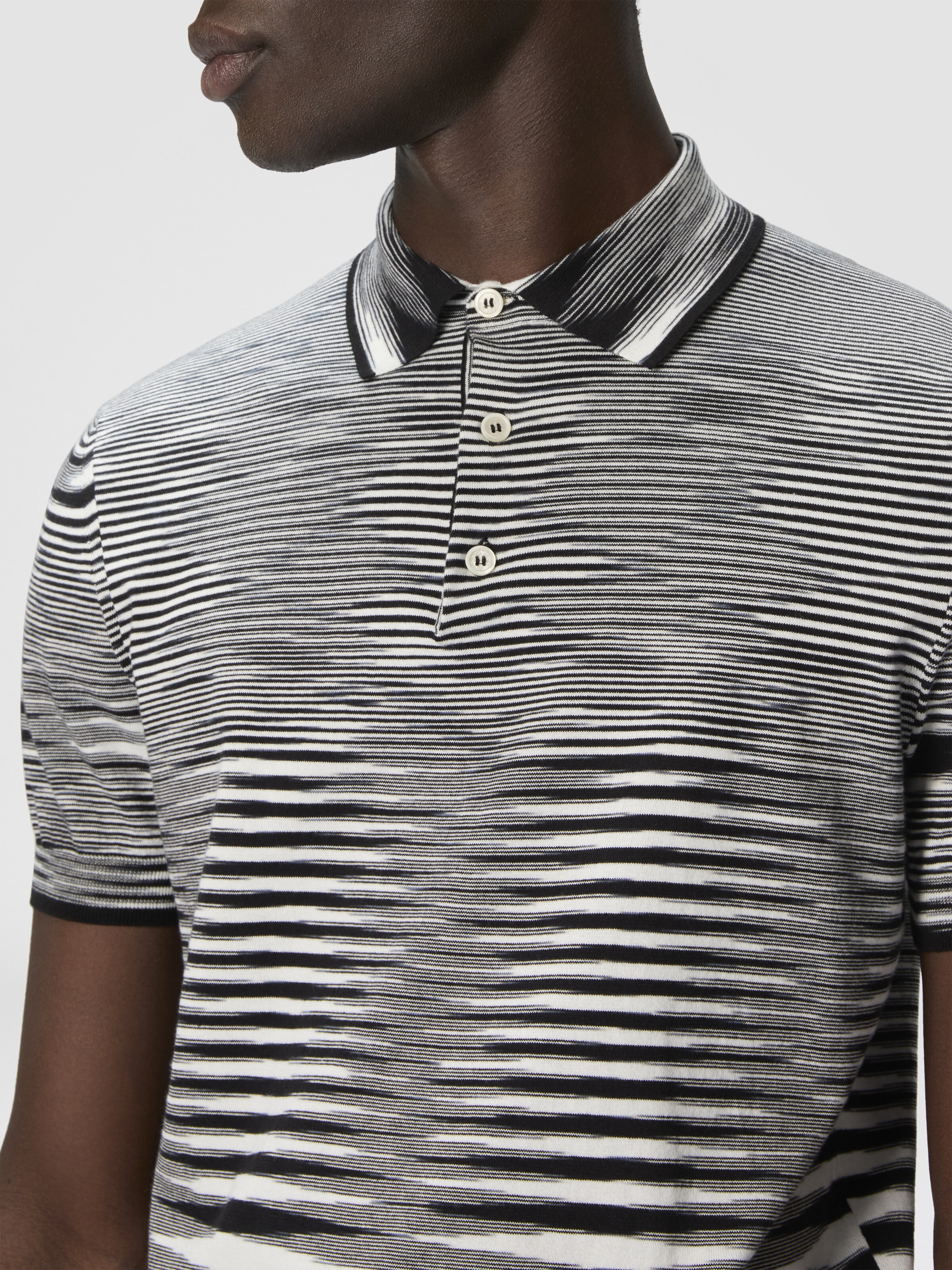 Poloshirt aus Baumwolle in Flammgarnoptik, Weiß & Schwarz - 4