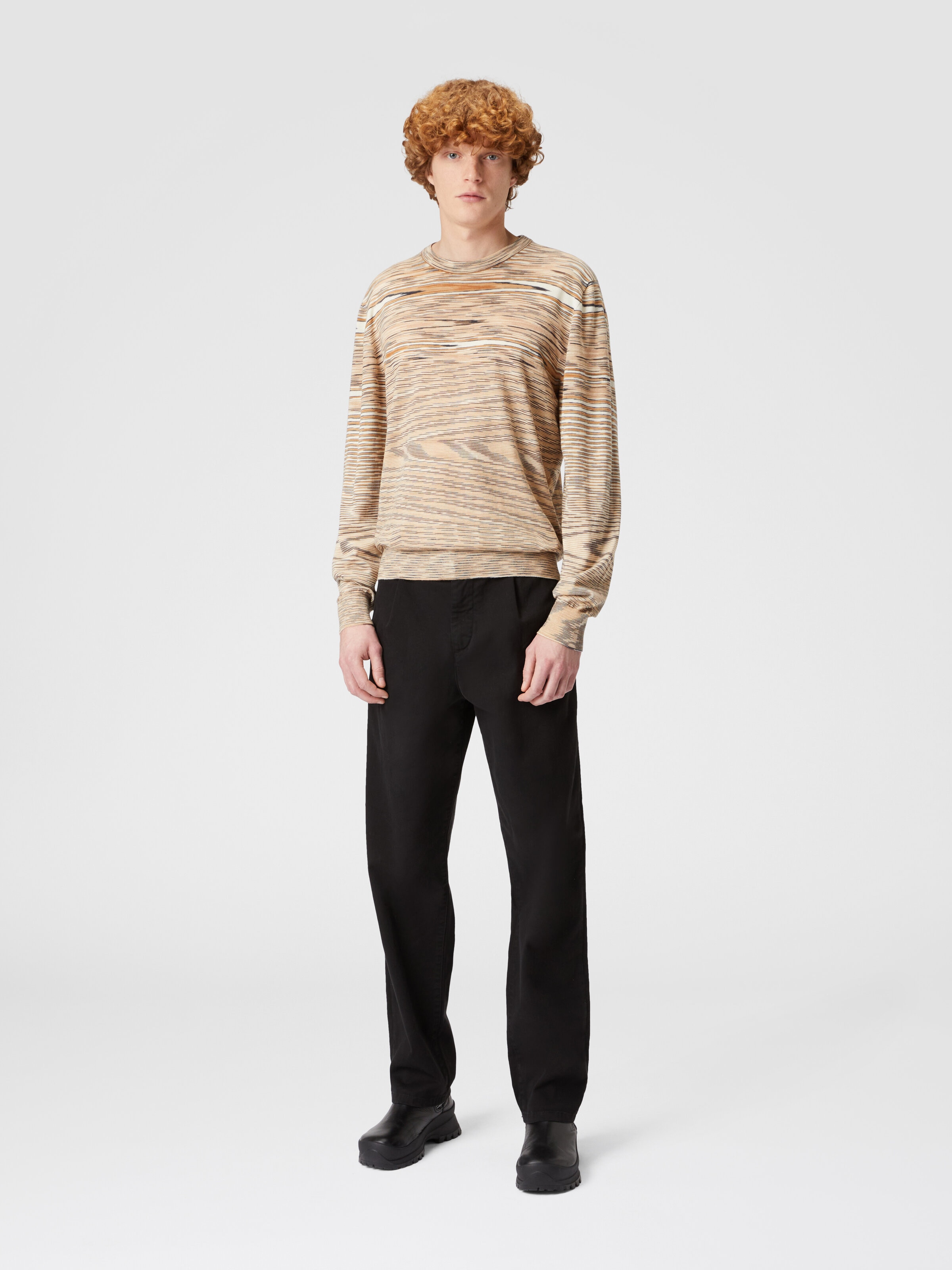 Jersey de cuello redondo flameado, Beige - 1