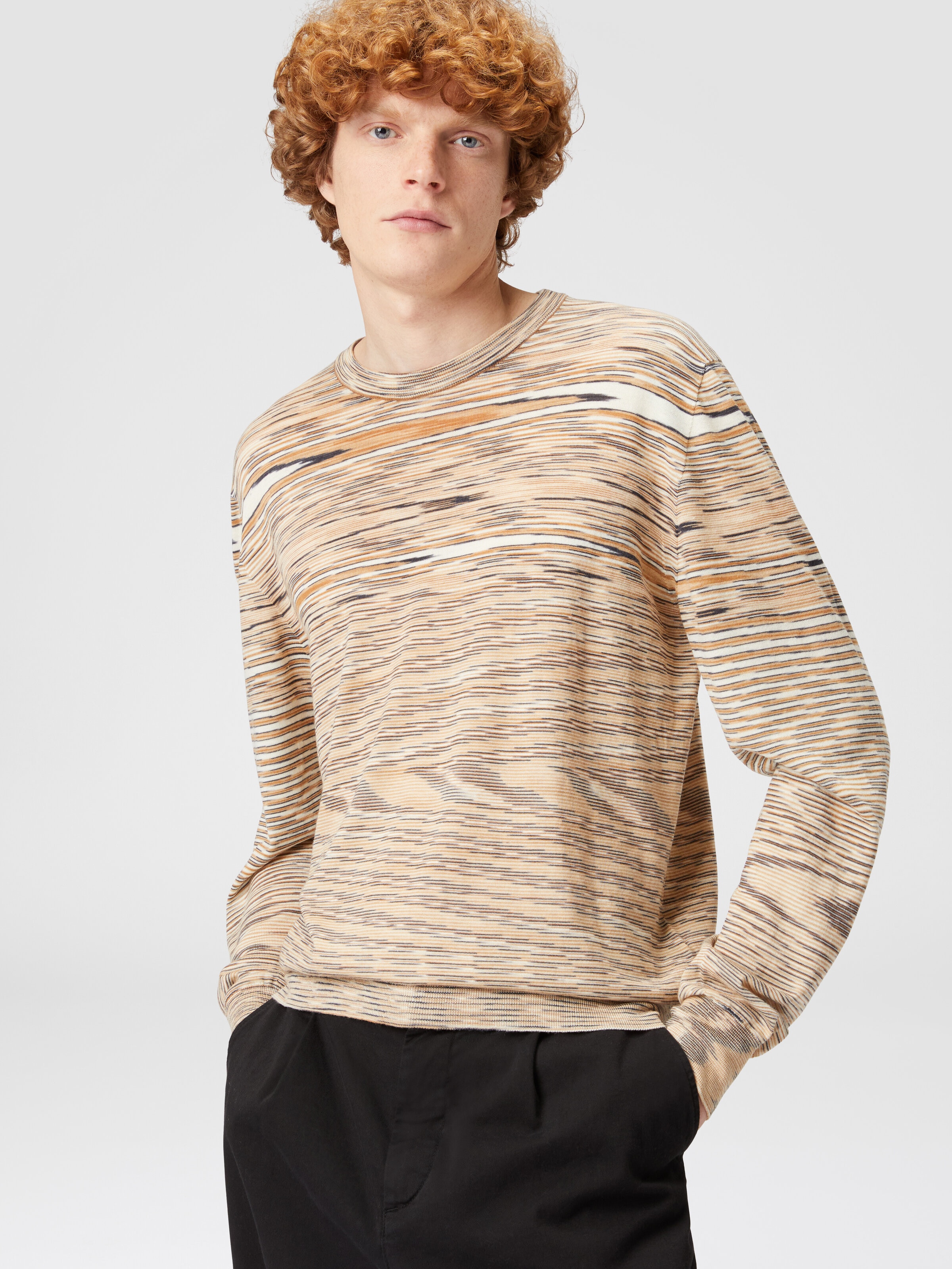 Jersey de cuello redondo flameado, Beige - 3
