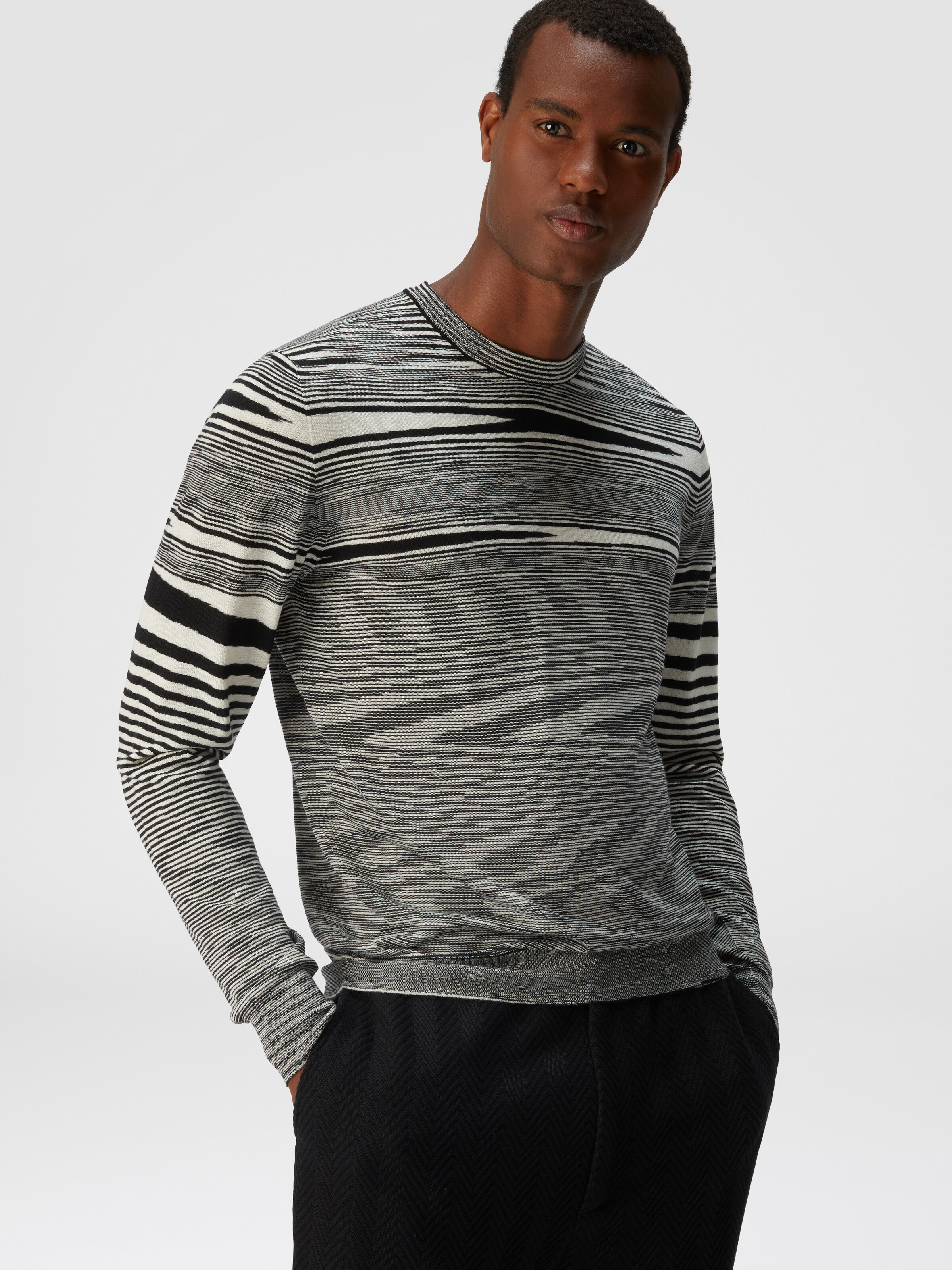 Slub crew-neck pullover, Black & White - 3