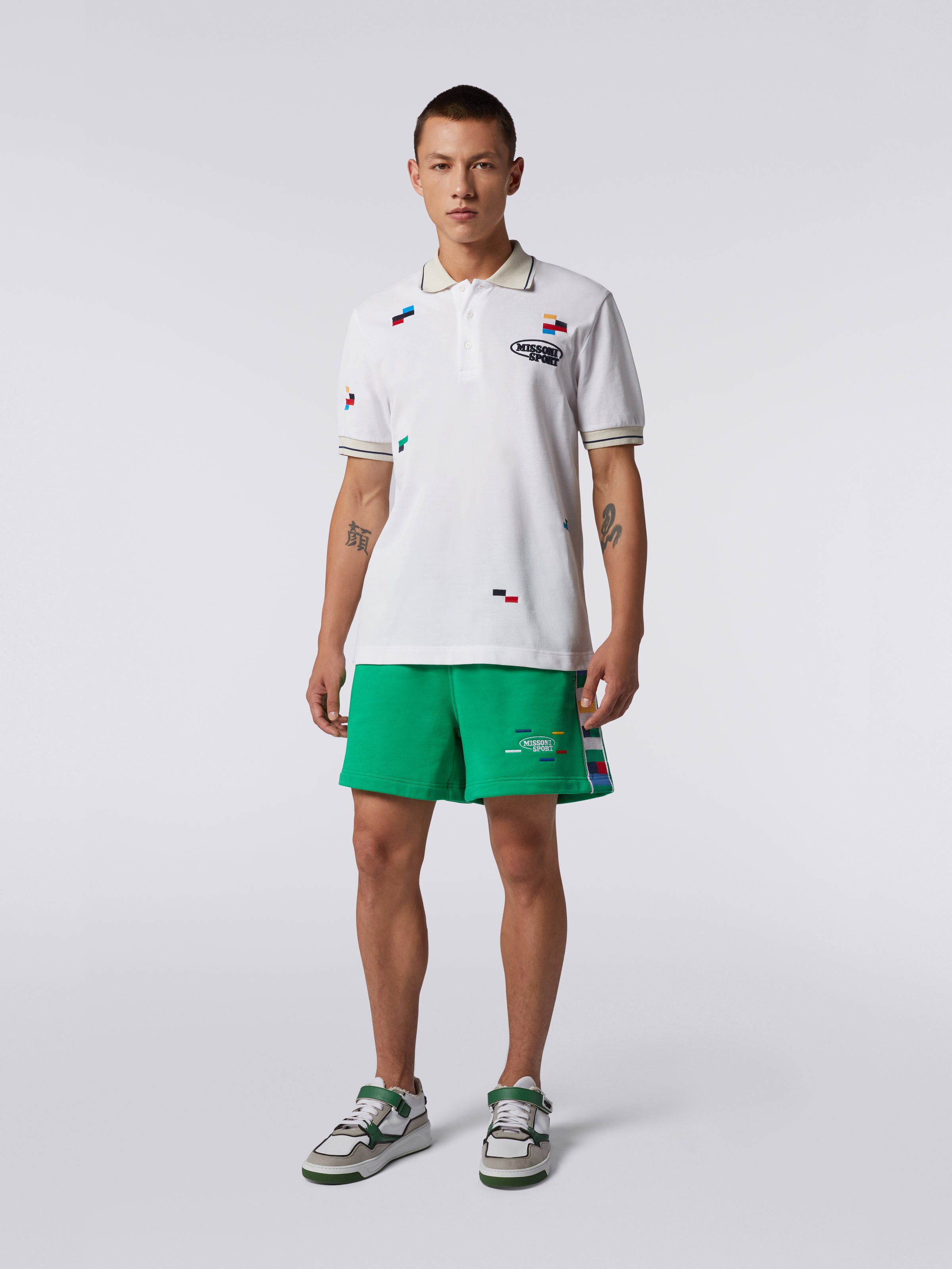 Short-sleeved polo shirt in cotton piqué with embroidered pixels, White & Multicoloured Heritage - 1