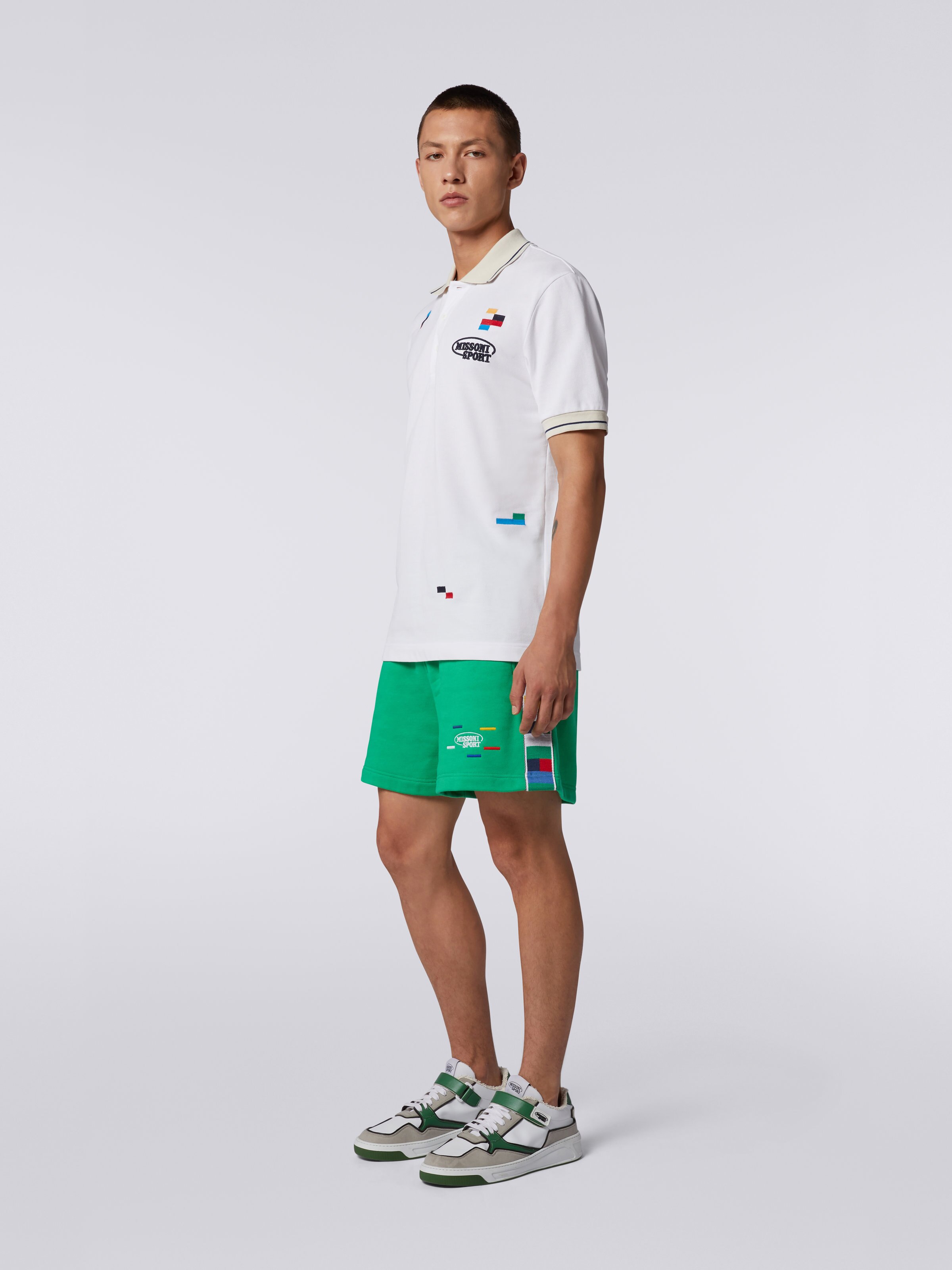Short-sleeved polo shirt in cotton piqué with embroidered pixels, White & Multicoloured Heritage - 2