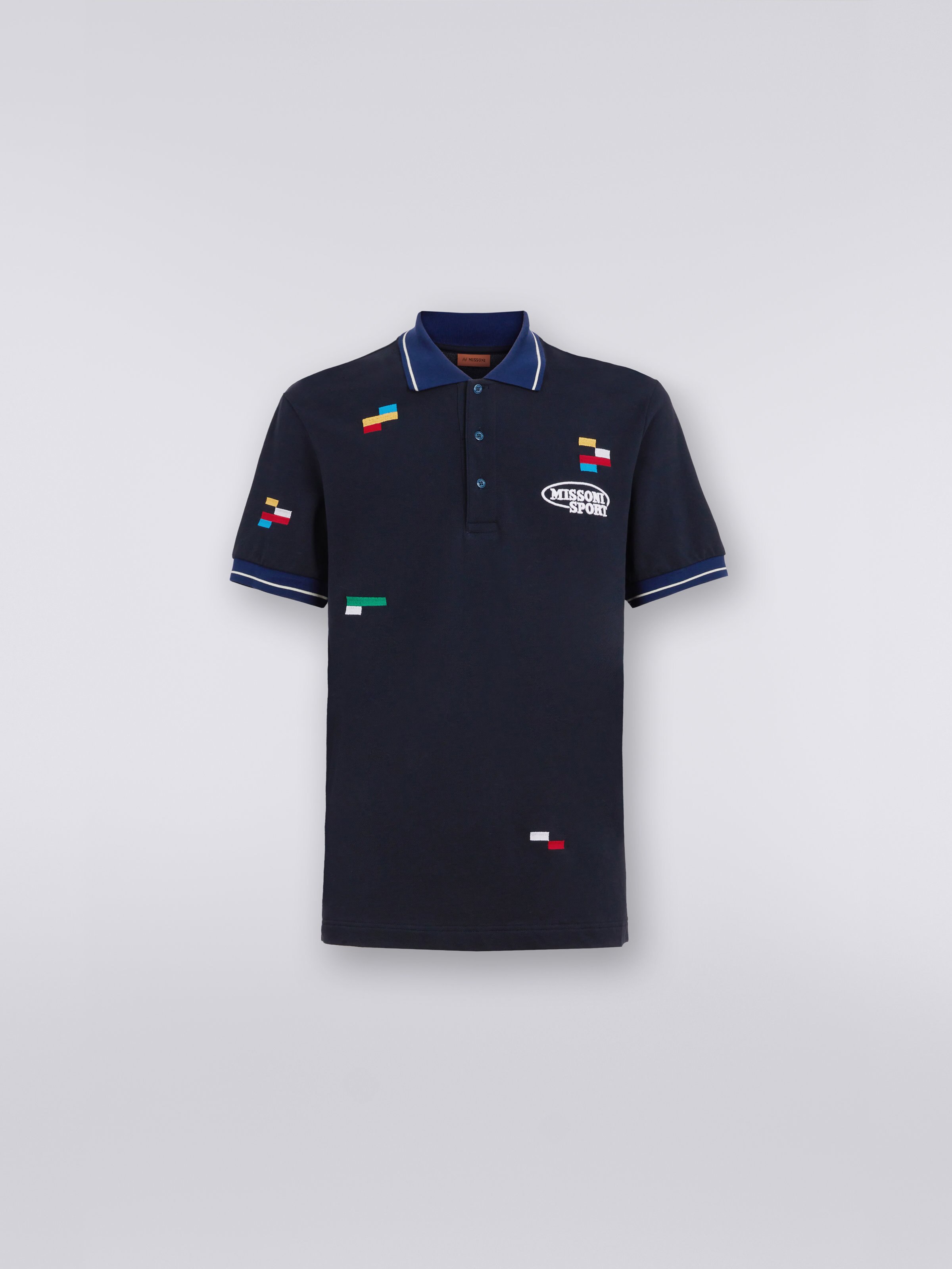 Short-sleeved polo shirt in cotton piqué with embroidered pixels, Navy Blue  - 0