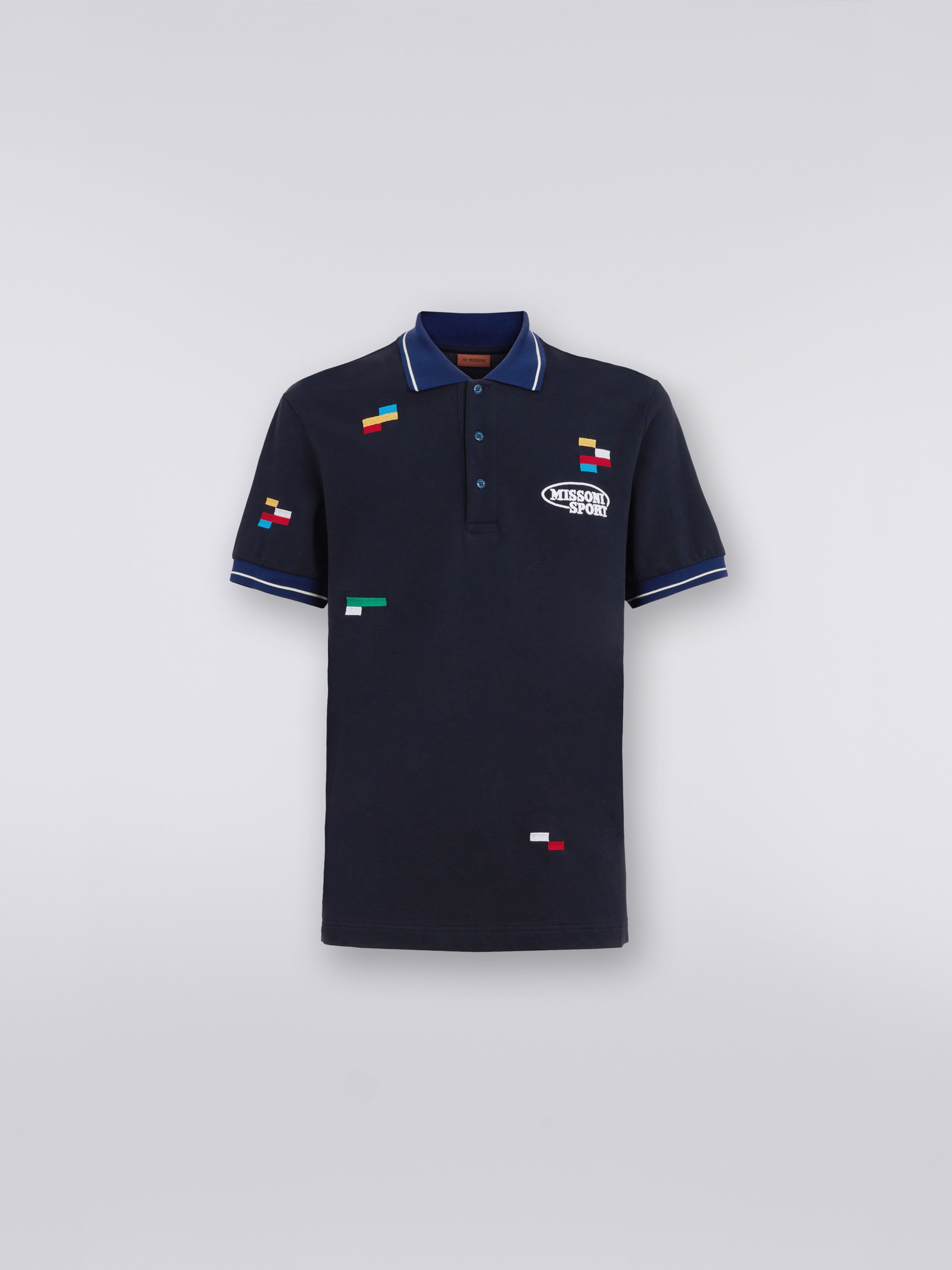 Polo de manga corta en piqué de algodón con píxeles bordados, Azul Marino  - 0