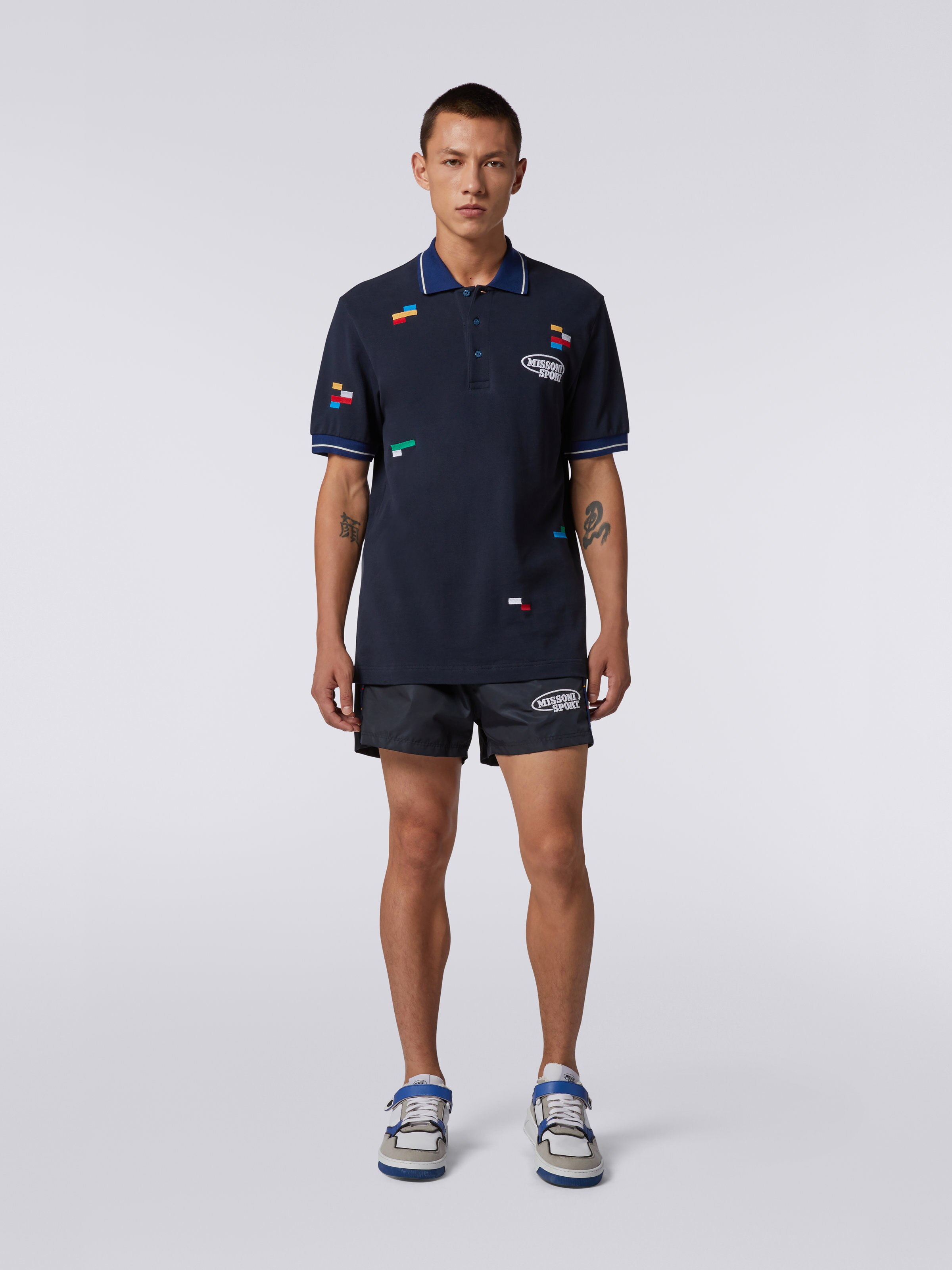 Short-sleeved polo shirt in cotton piqué with embroidered pixels, Navy Blue  - 1