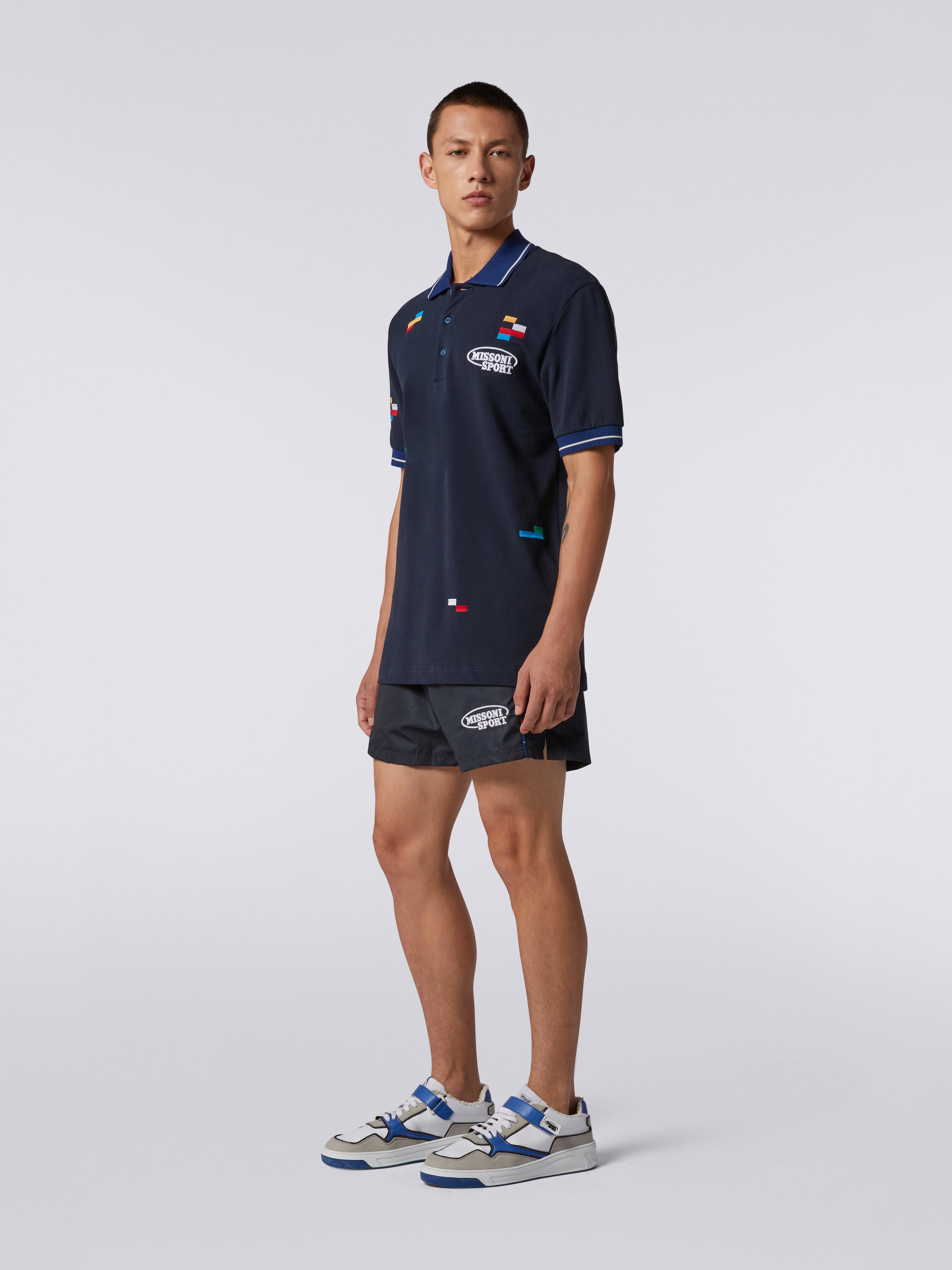 Polo de manga corta en piqué de algodón con píxeles bordados, Azul Marino  - 2