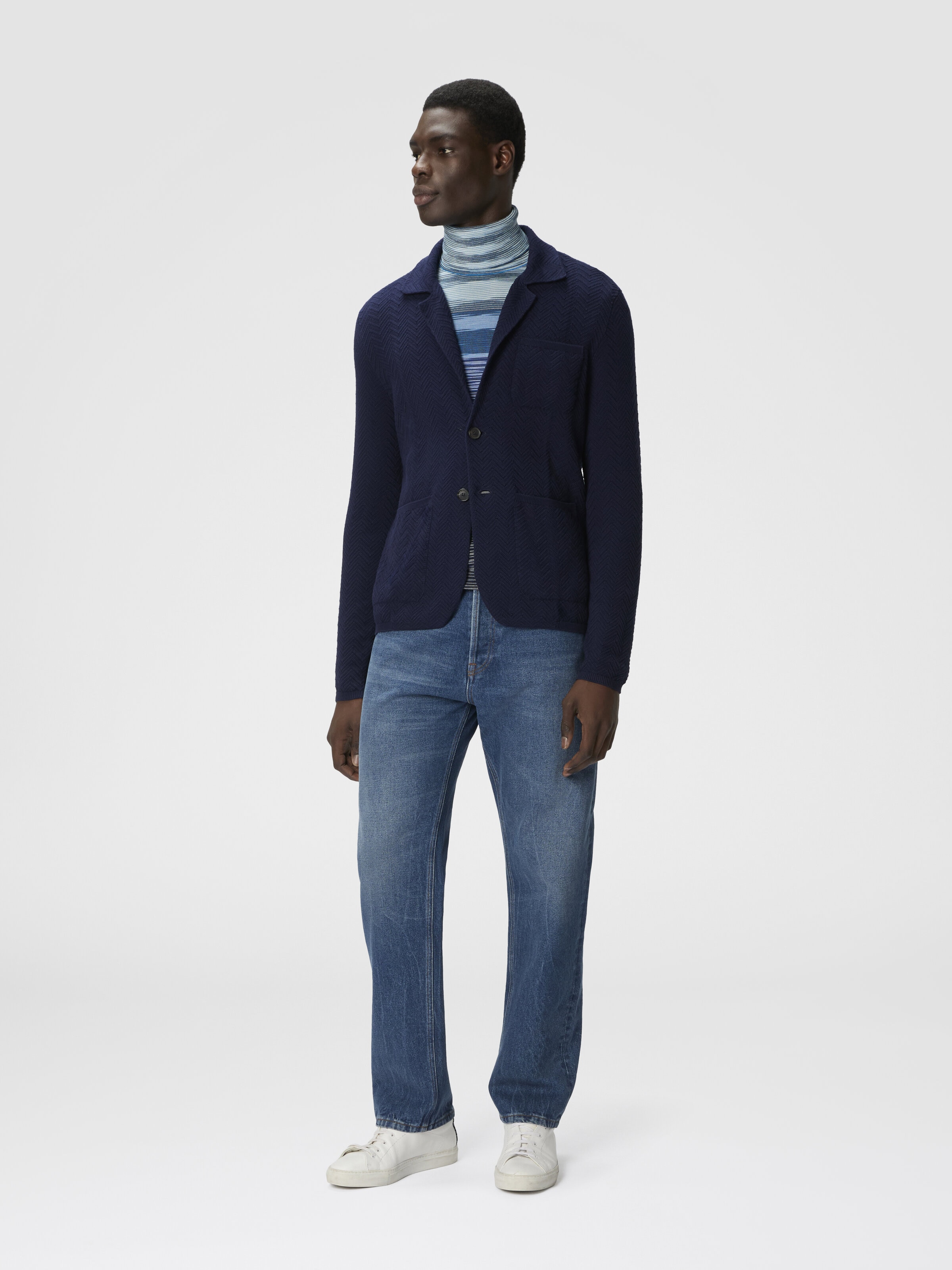 Blazer in maglia di cotone e viscosa, Blu Scuro - 1