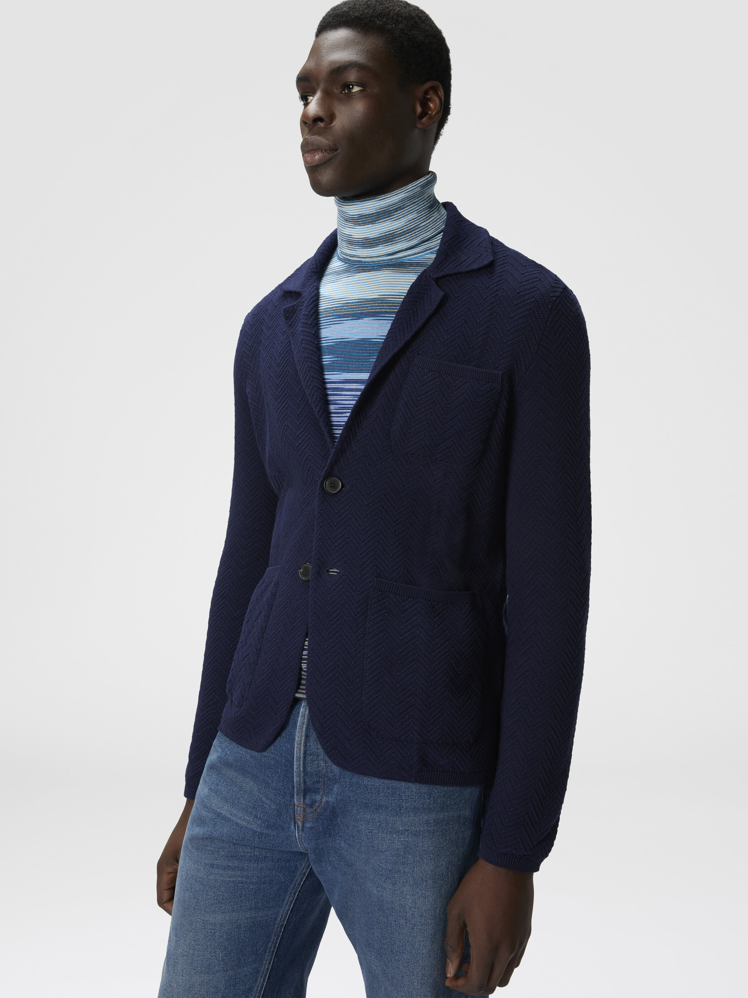 Blazer in maglia di cotone e viscosa, Blu Scuro - 3