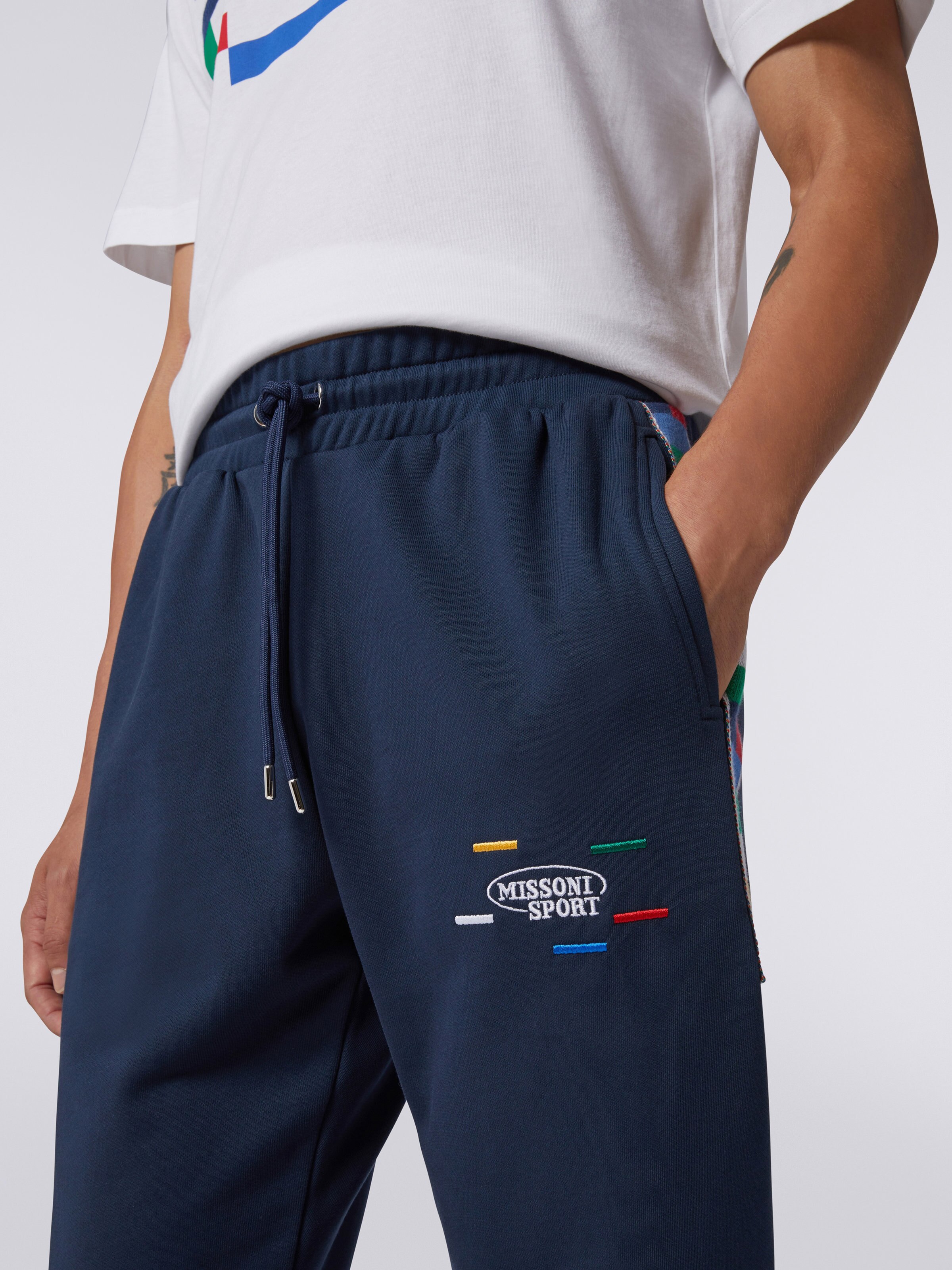 Cotton jogger trousers with multicoloured insert, Navy Blue  - 4