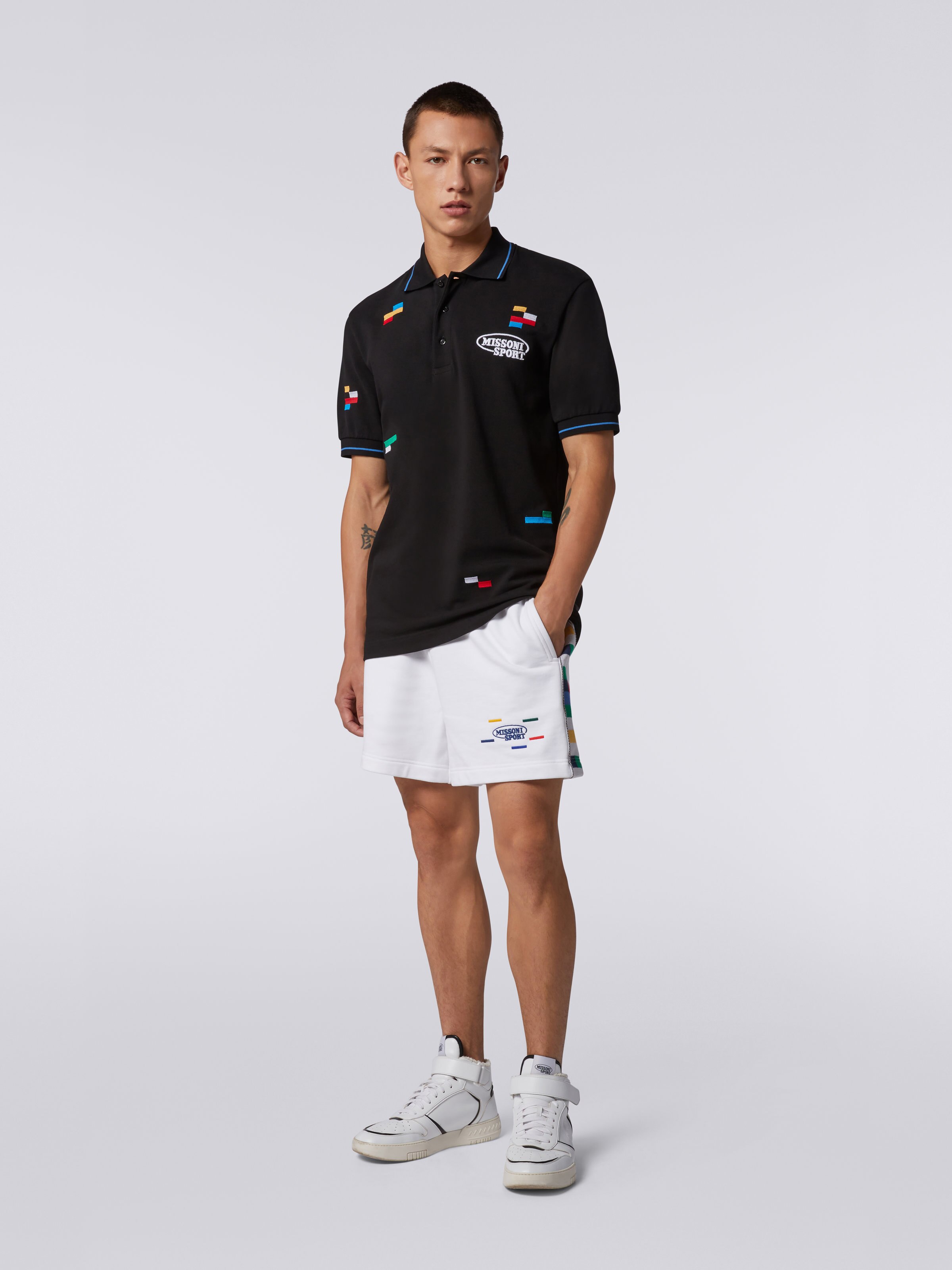 Short en jersey de coton et viscose avec bandes tricotées, Blanc & Multicolore Heritage - 1