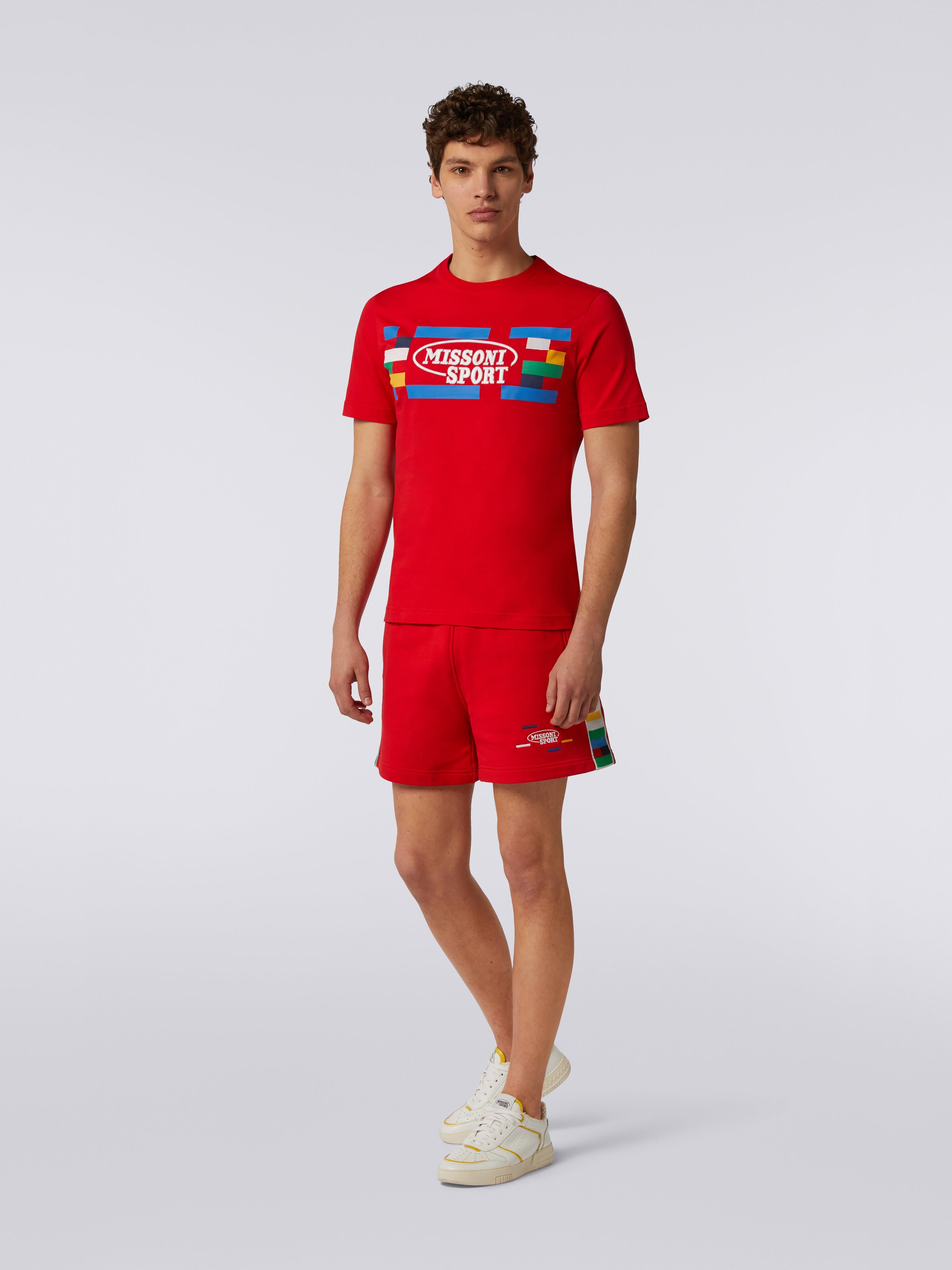 Cotton and viscose jersey shorts with knitted bands, Red & Multicoloured - 1