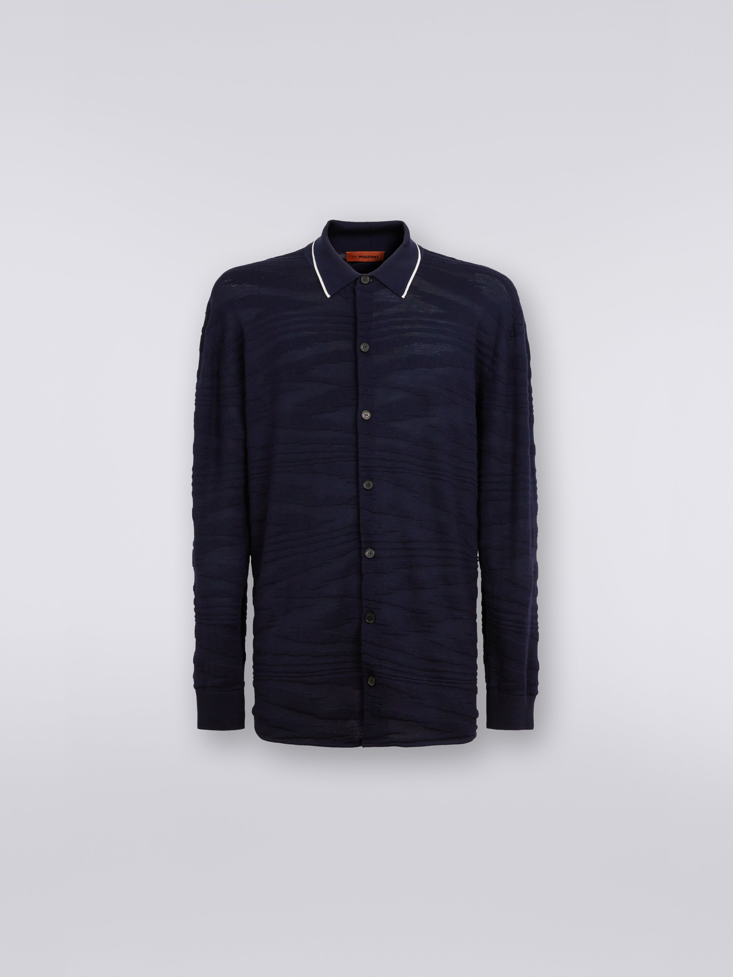 Wool and viscose shirt with embossing, Navy Blue - 0