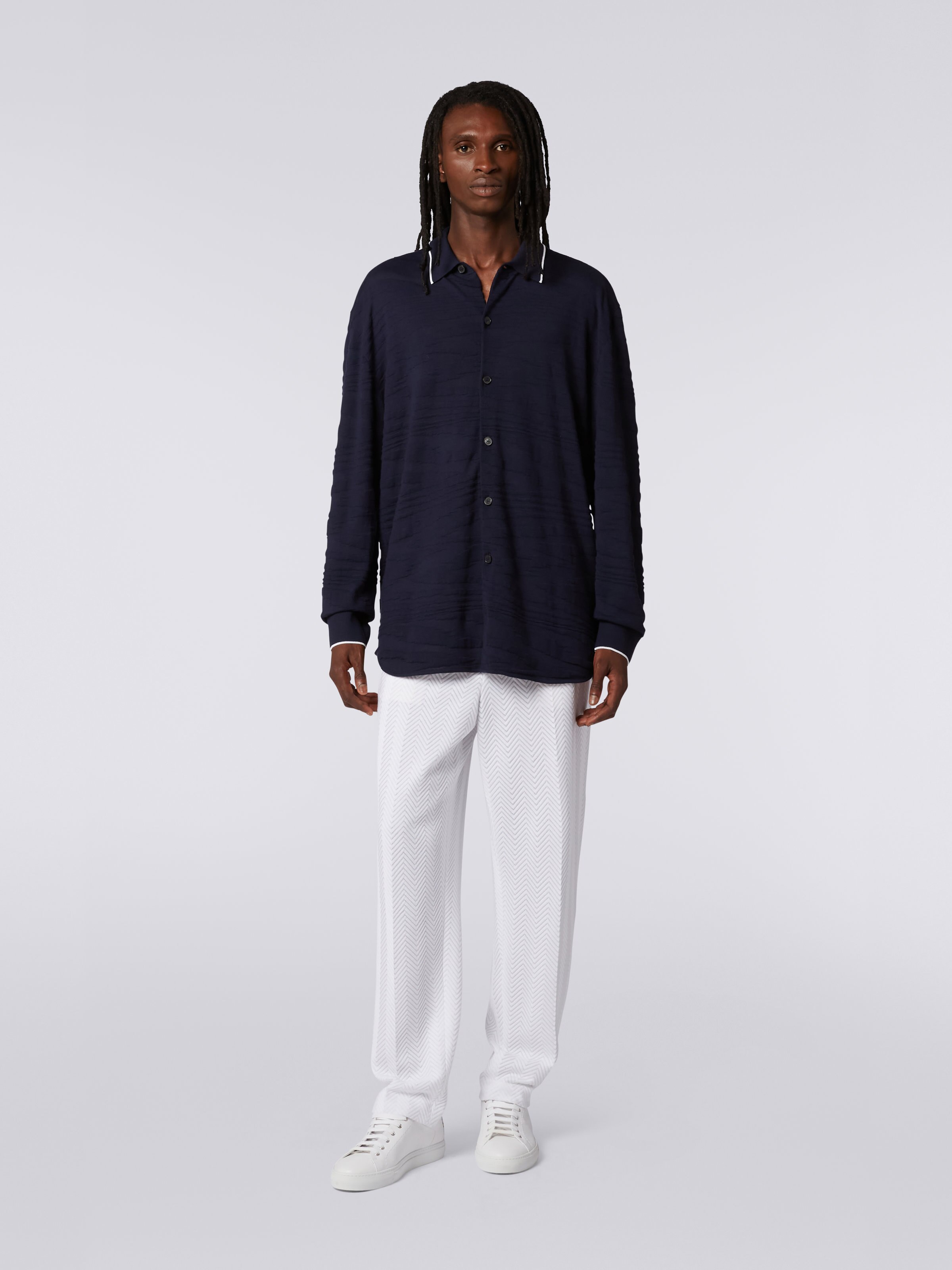 Wool and viscose shirt with embossing, Navy Blue - 1