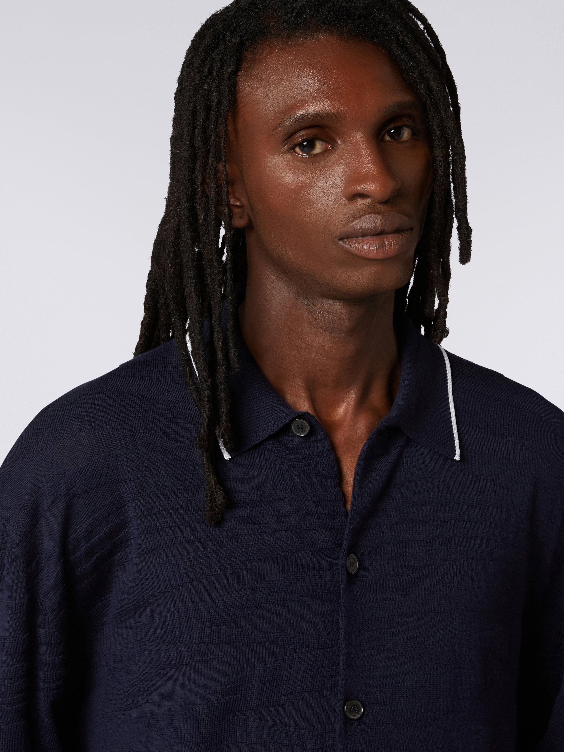 Wool and viscose shirt with embossing, Navy Blue - 4