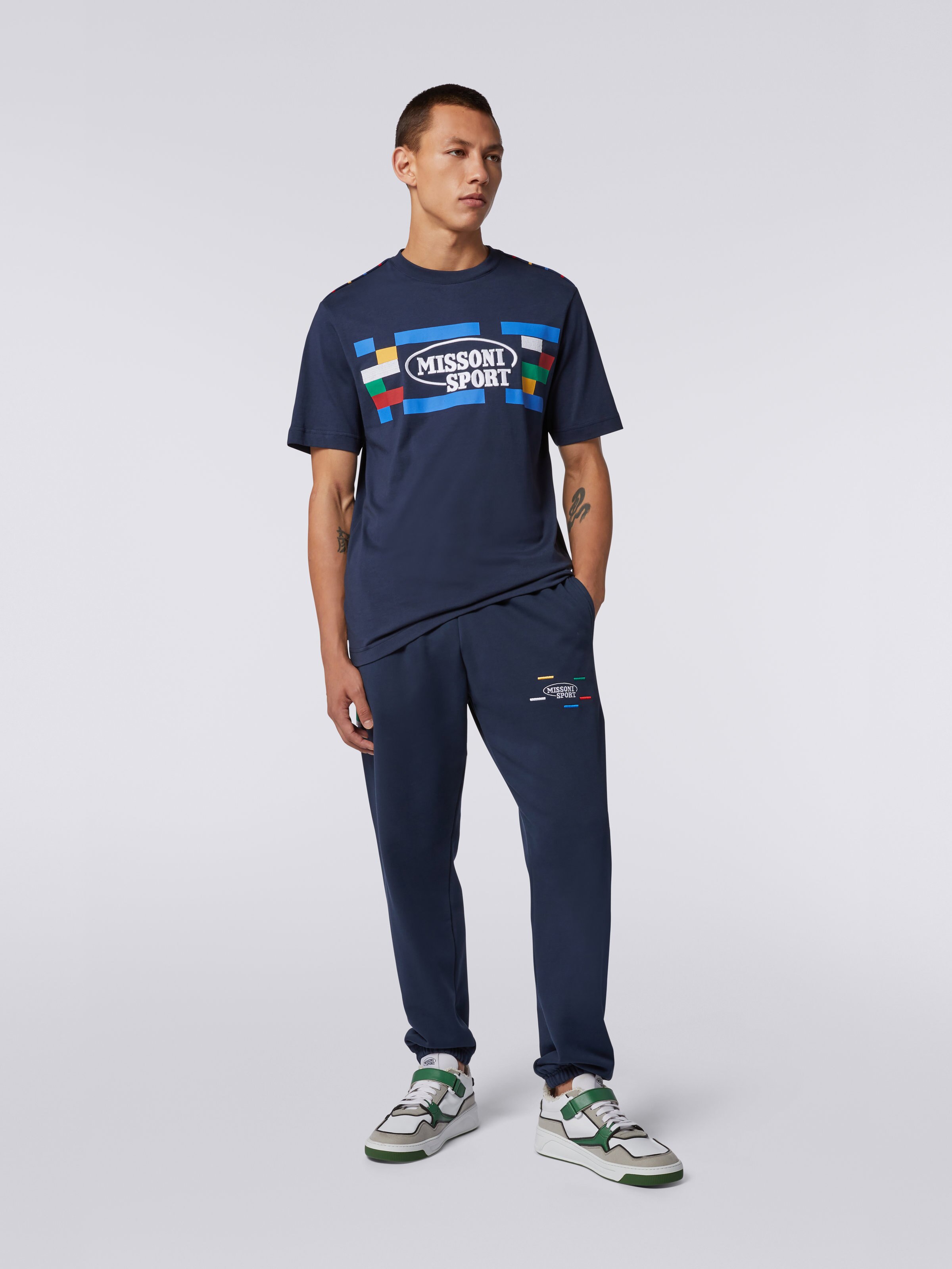 Tシャツ ラウンドネック コットン プリント＆エンブロイダリー入り, ネイビーブルー  - 1