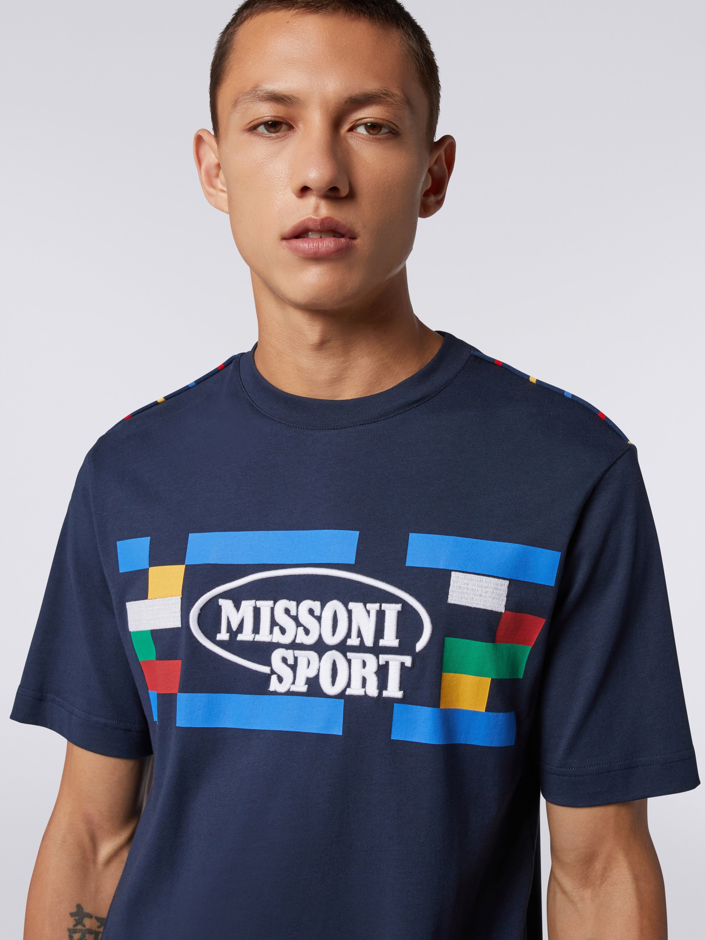 Tシャツ ラウンドネック コットン プリント＆エンブロイダリー入り, ネイビーブルー  - 4