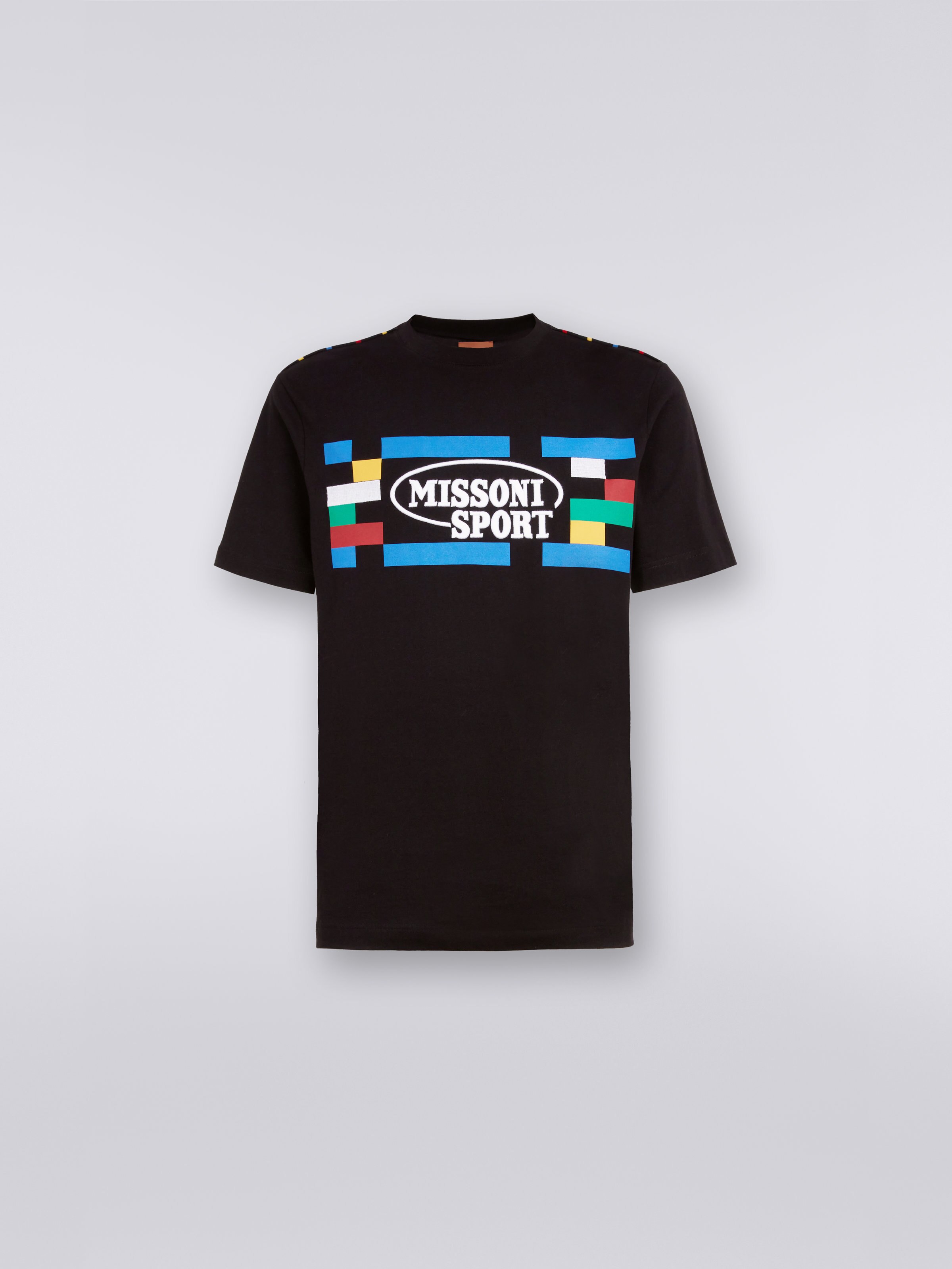 Crew-neck cotton T-shirt with embroidery print, Black & Multicoloured - 0