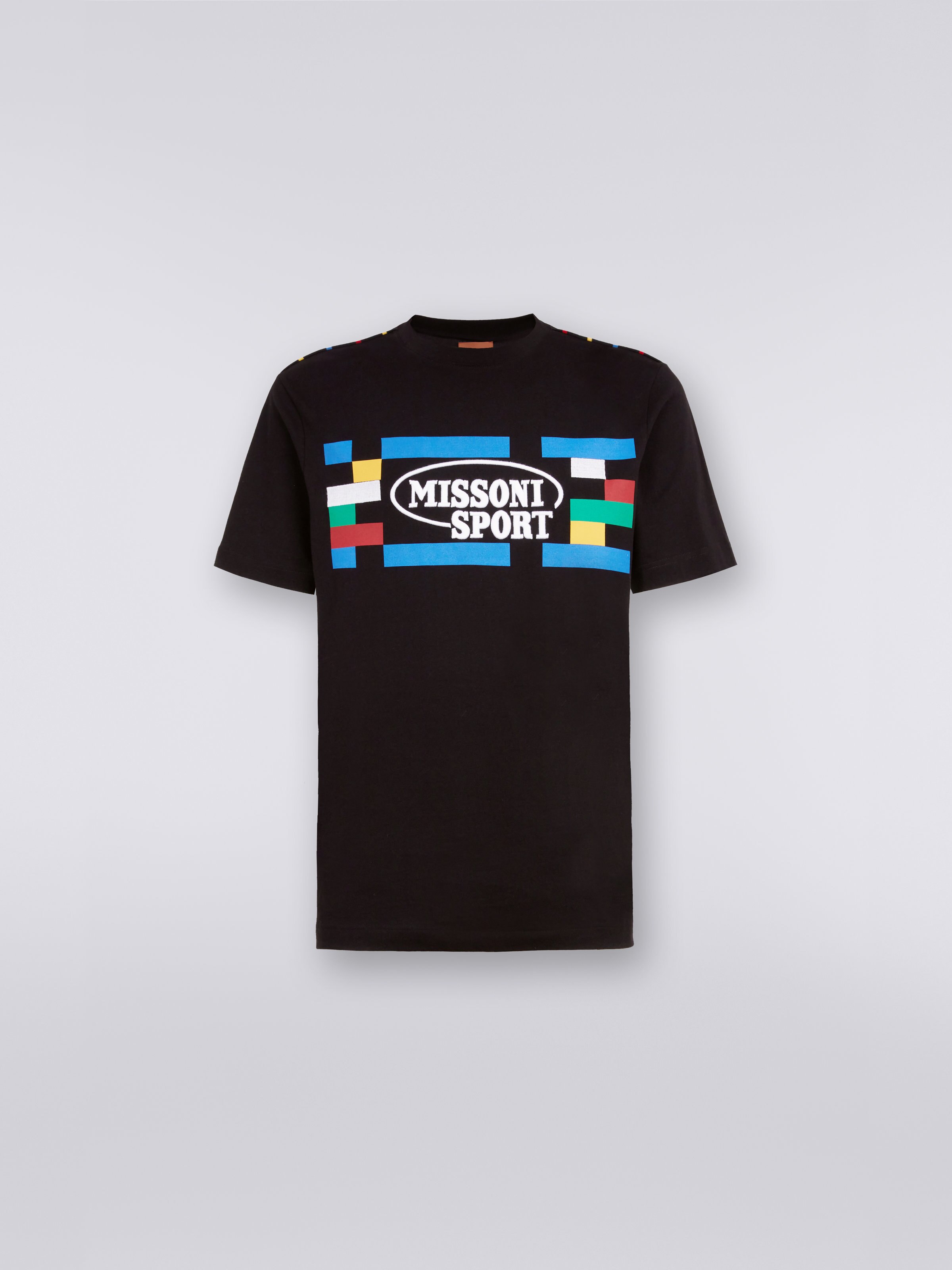 Baumwoll-T-Shirt mit Rundhalsausschnitt, Aufdruck und Stickerei, Schwarz & Mehrfarbig - 0