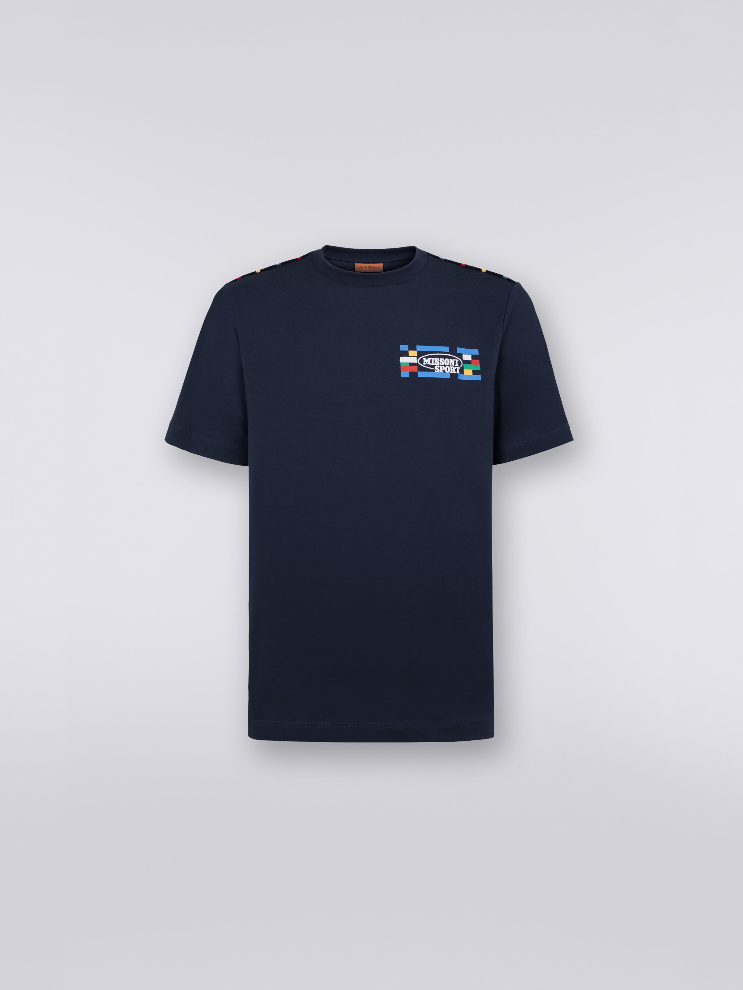 Crew-neck cotton T-shirt with logo and contrasting piping, Navy Blue  - 0
