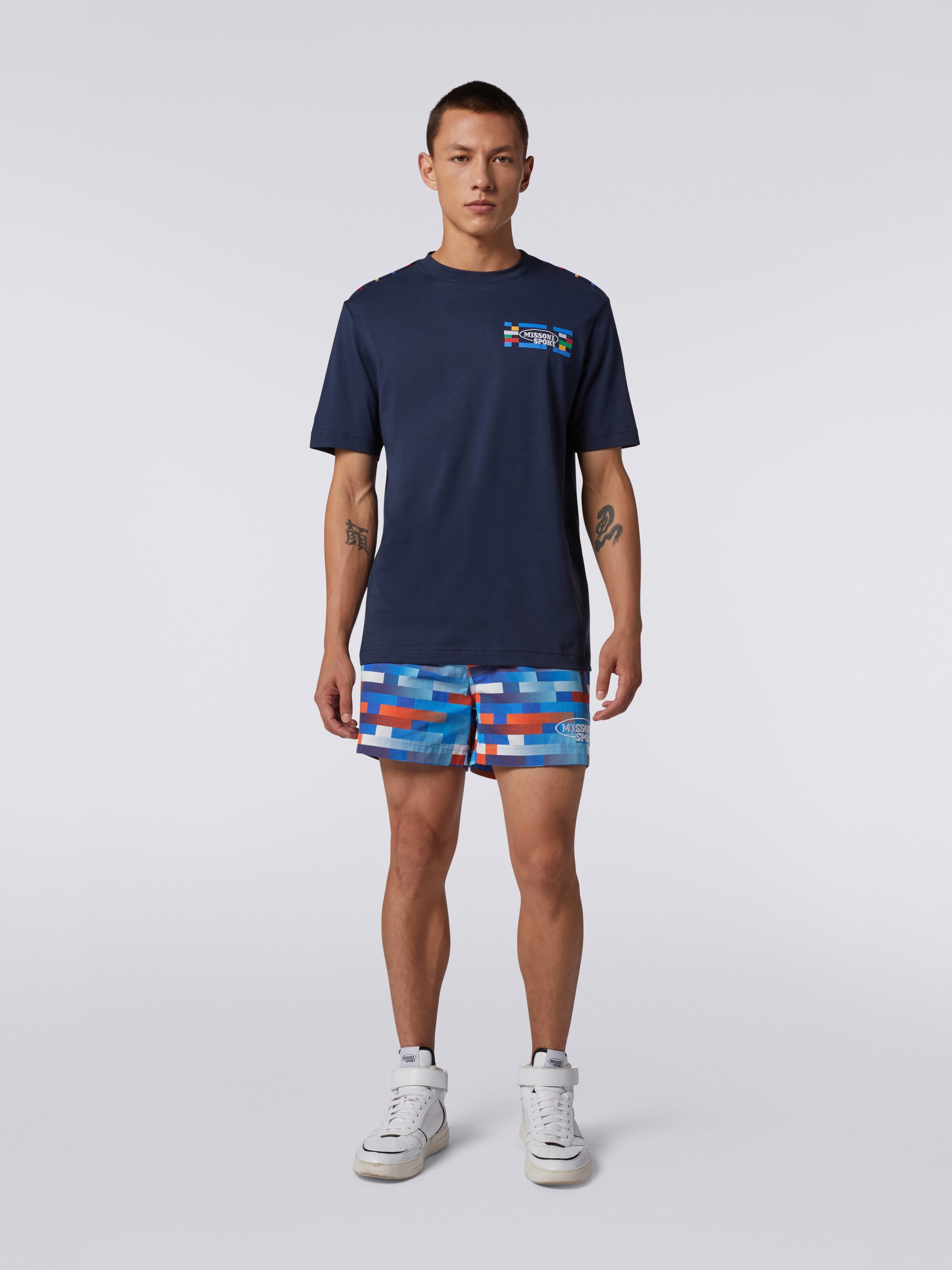 Crew-neck cotton T-shirt with logo and contrasting piping, Navy Blue  - 1