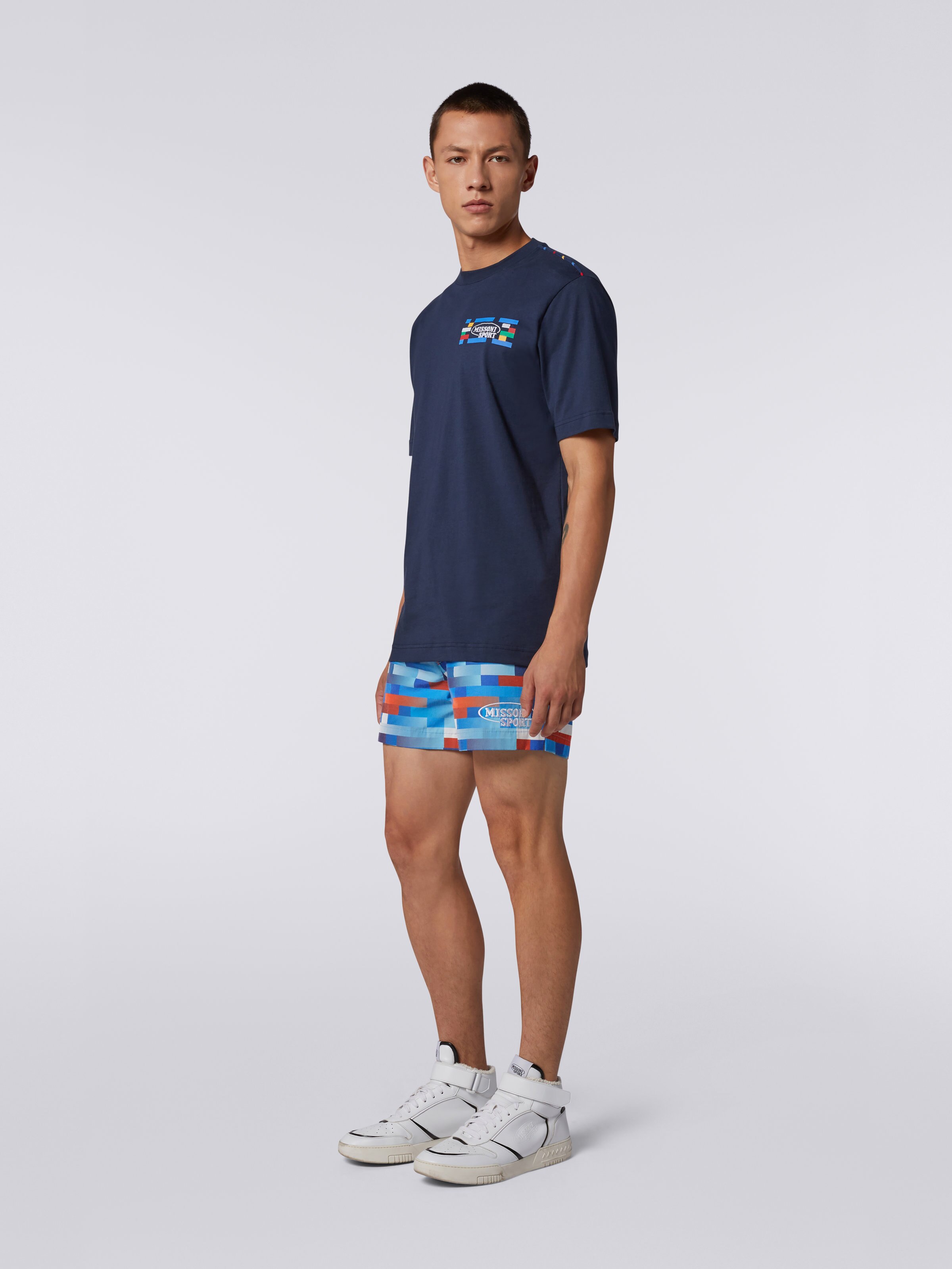 Crew-neck cotton T-shirt with logo and contrasting piping, Navy Blue  - 2
