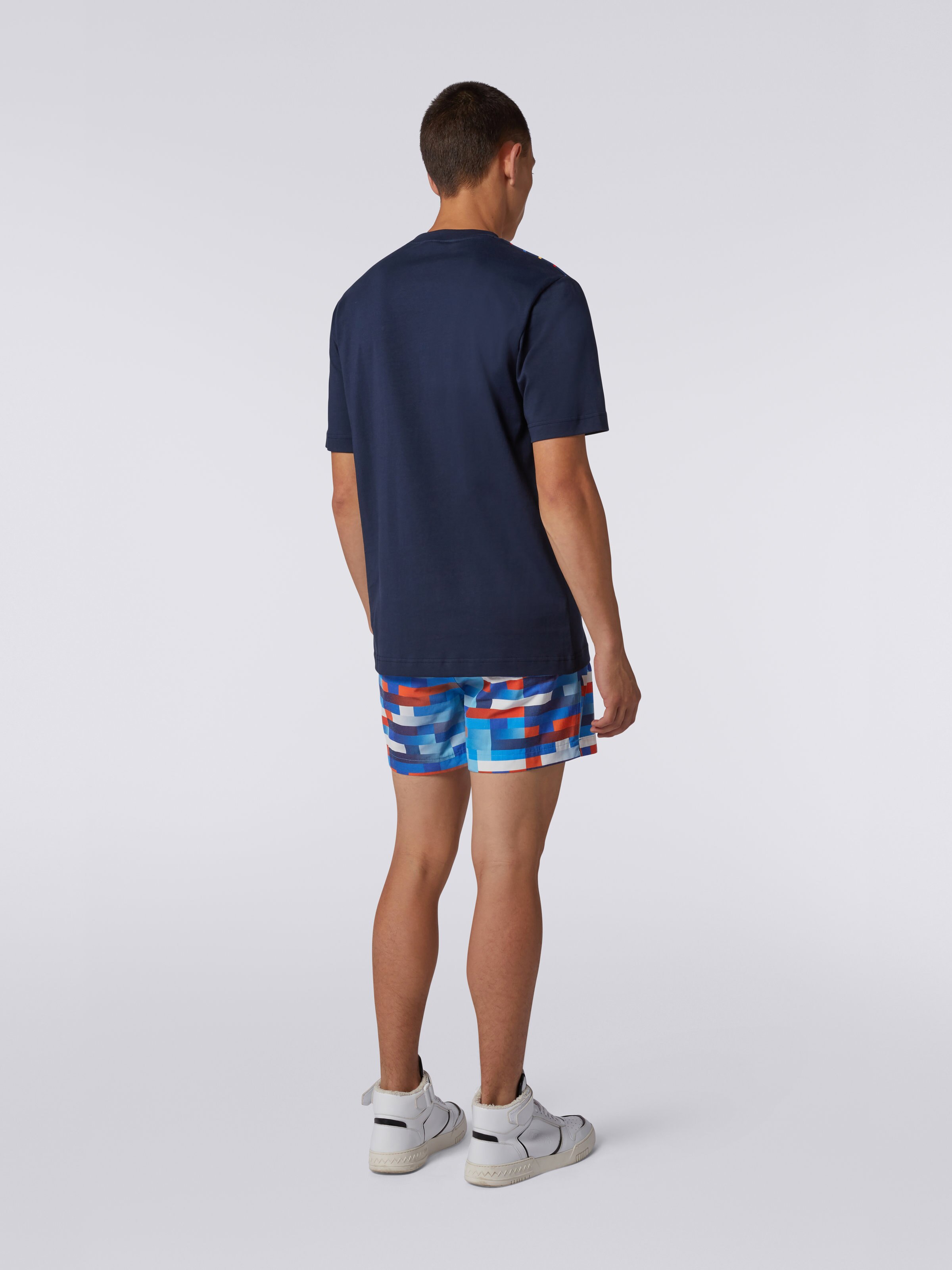 Crew-neck cotton T-shirt with logo and contrasting piping, Navy Blue  - 3