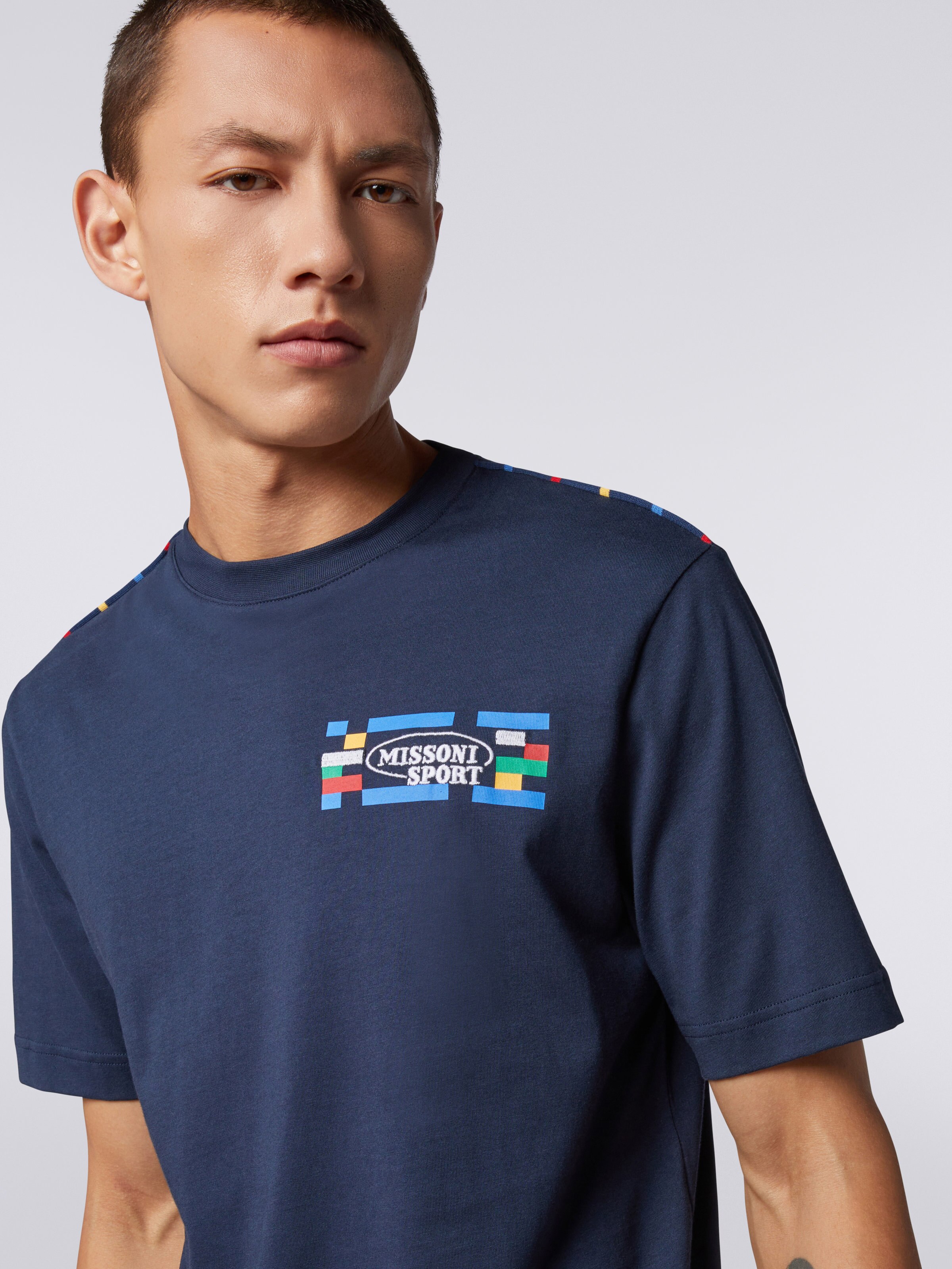 Crew-neck cotton T-shirt with logo and contrasting piping, Navy Blue  - 4