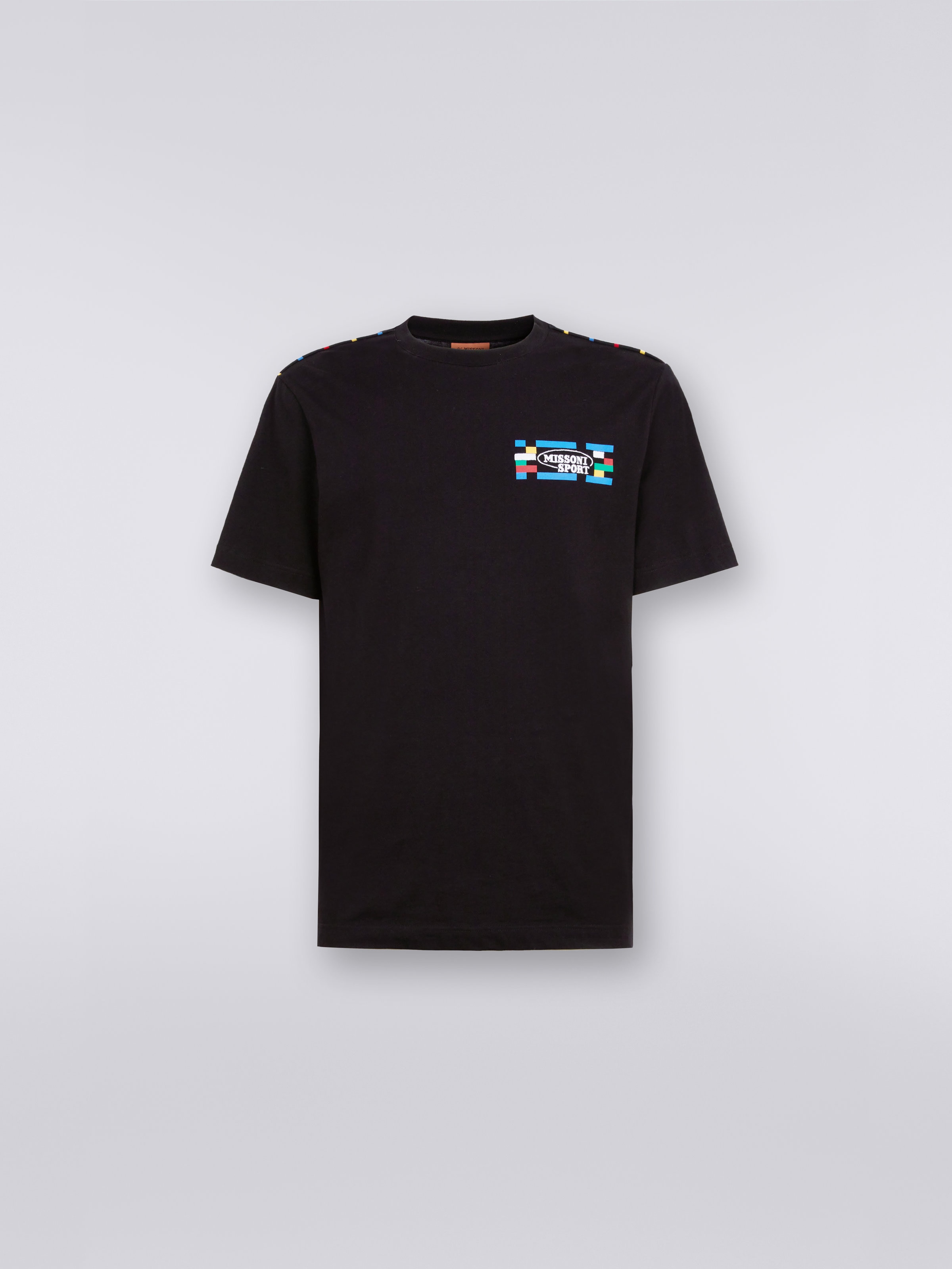 Crew-neck cotton T-shirt with logo and contrasting piping, Black & Multicoloured - 0