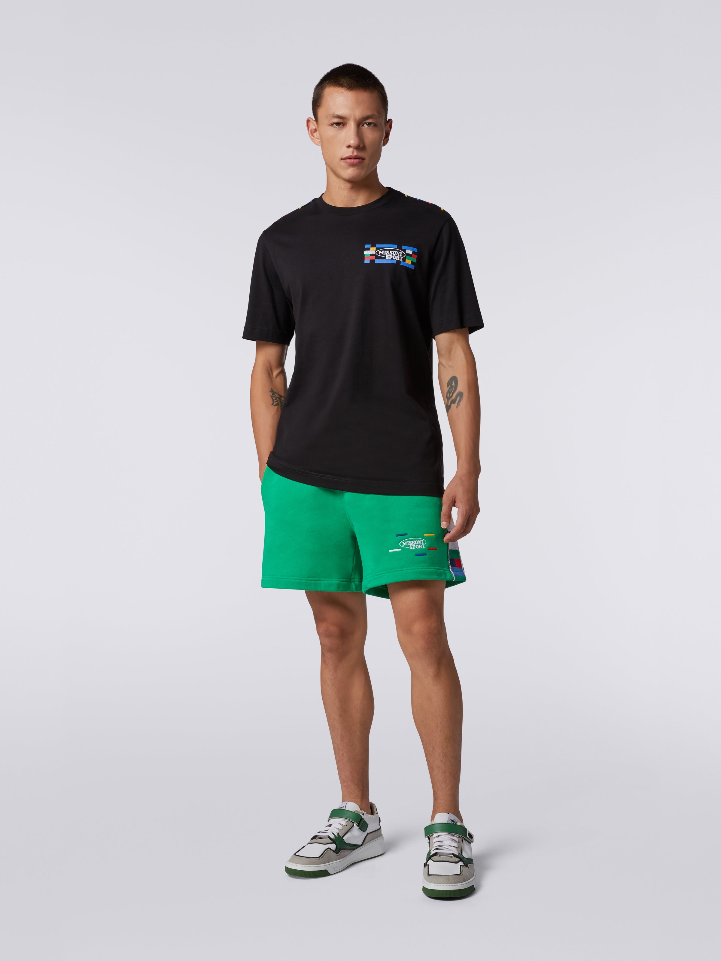 Crew-neck cotton T-shirt with logo and contrasting piping, Black & Multicoloured - 1
