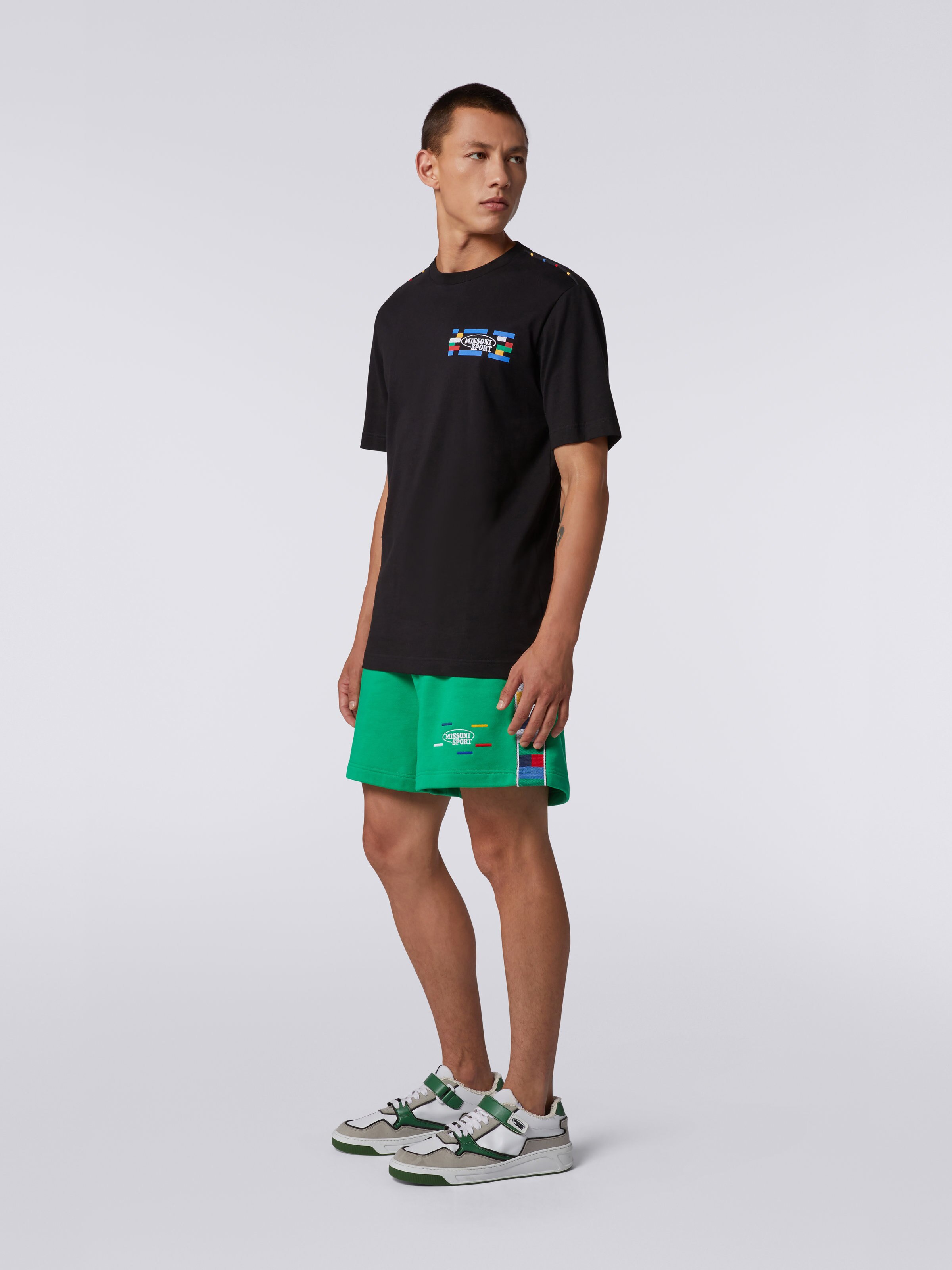 Crew-neck cotton T-shirt with logo and contrasting piping, Black & Multicoloured - 2