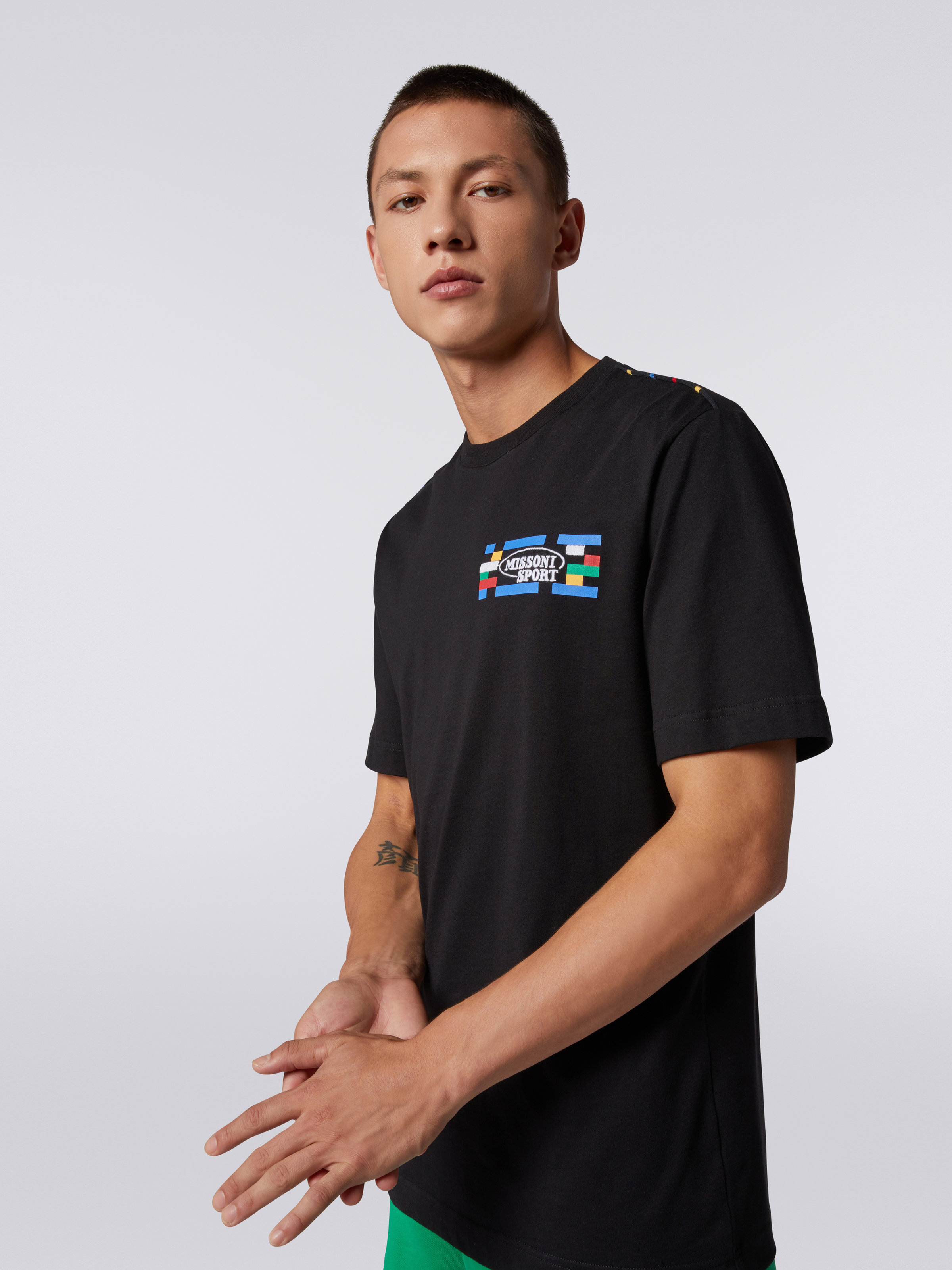 Crew-neck cotton T-shirt with logo and contrasting piping, Black & Multicoloured - 4