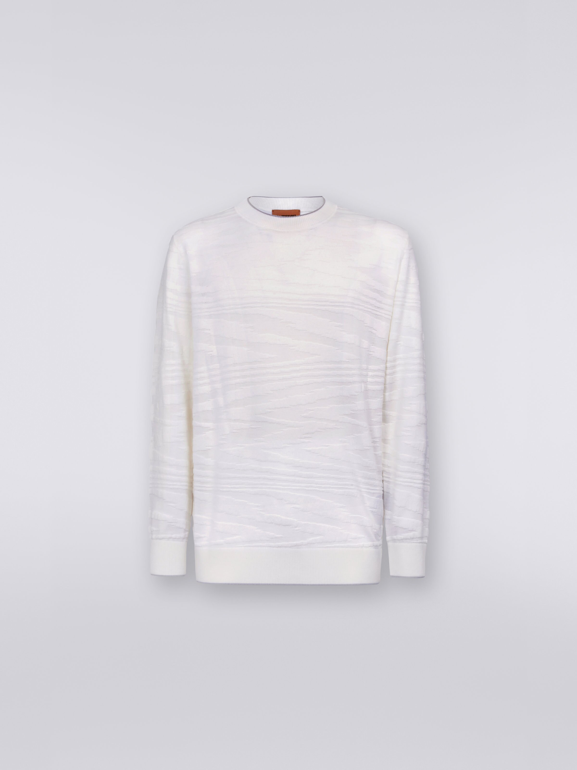 Pull à col rond en laine et viscose avec finition en relief, Blanc  - 0