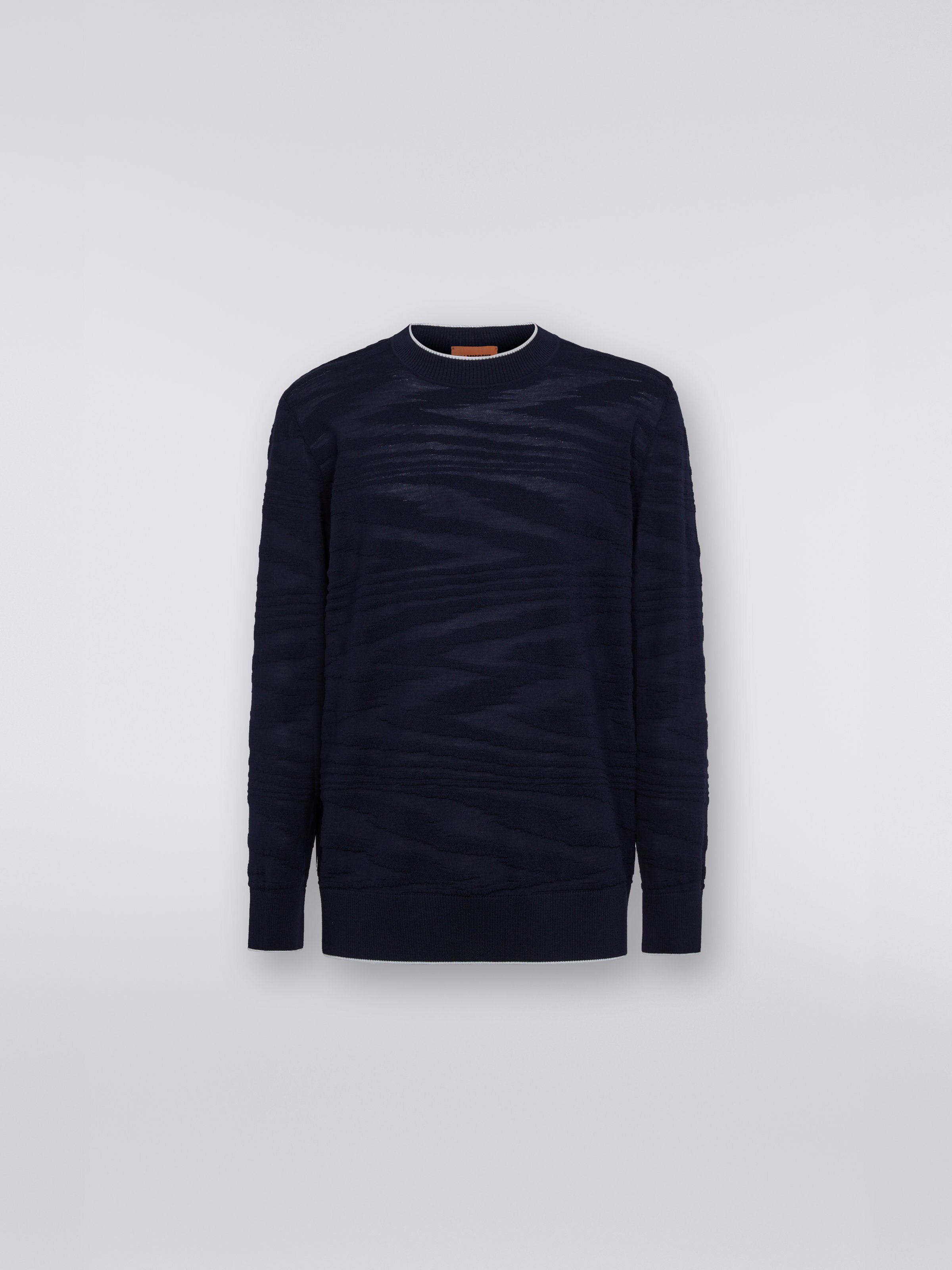 Wool and viscose crew-neck jumper with embossed working, Navy Blue  - 0