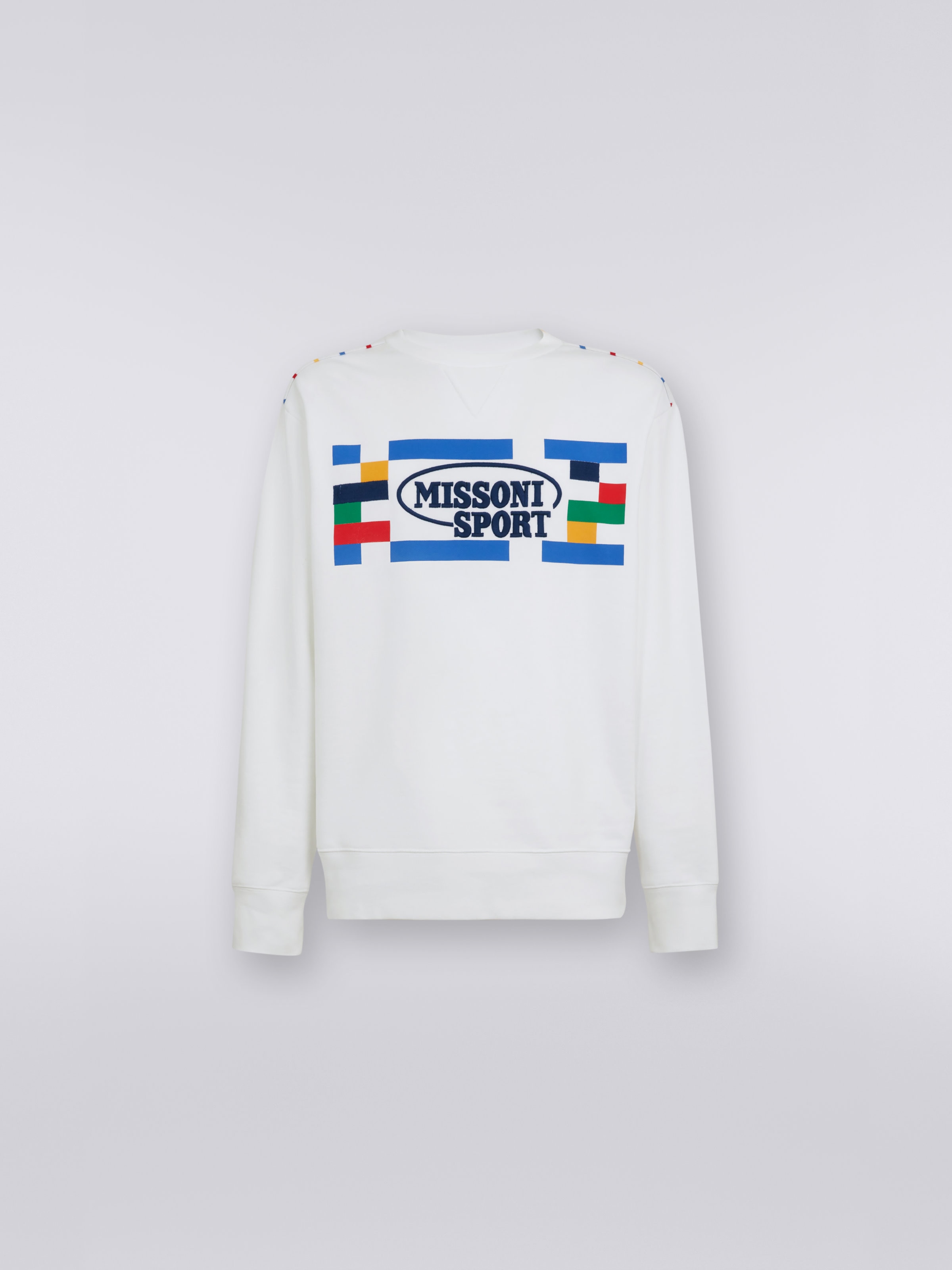 Crew-neck cotton sweatshirt with Legacy logo and knitted piping, White & Multicoloured Heritage - 0