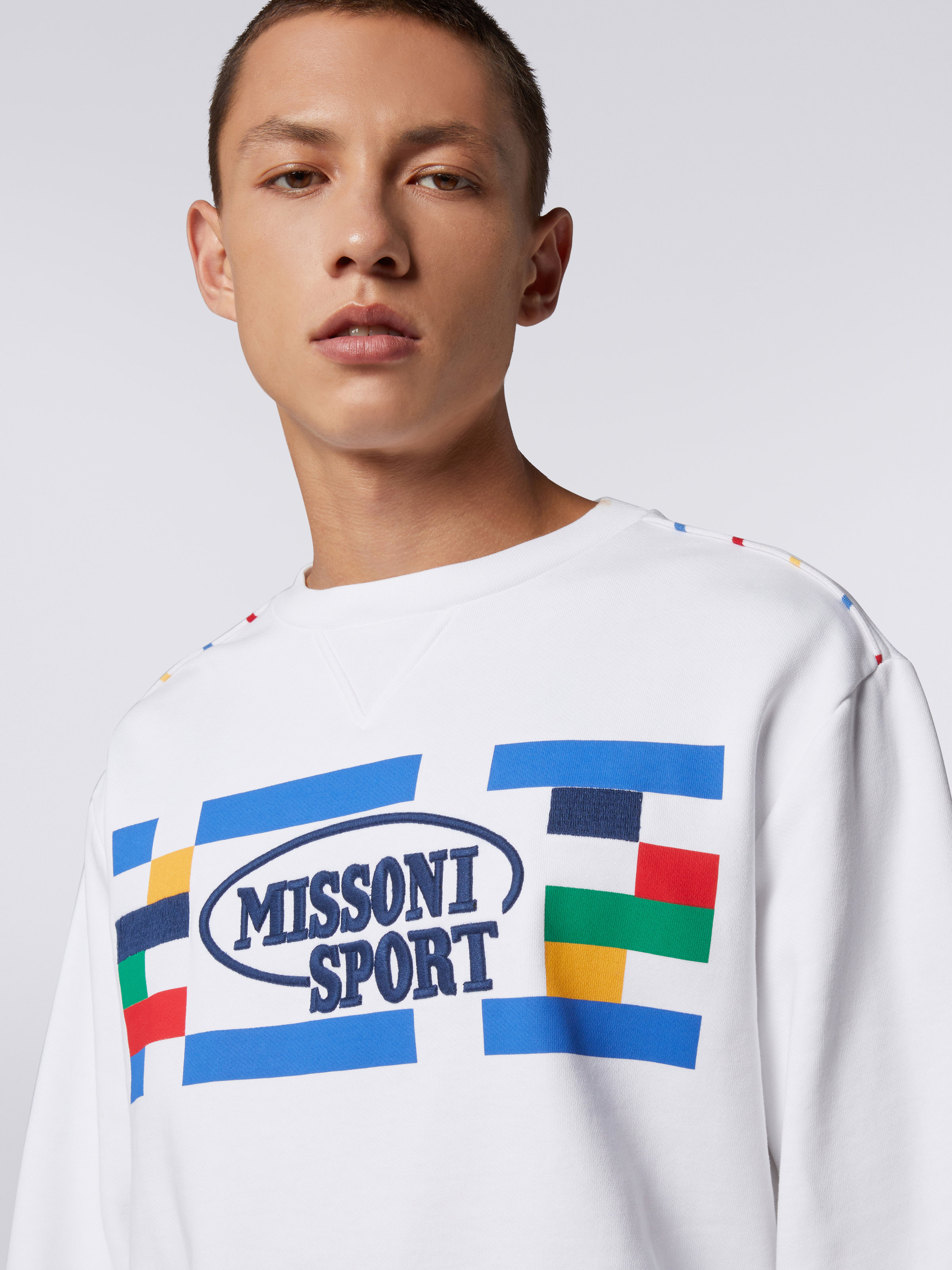 Crew-neck cotton sweatshirt with Legacy logo and knitted piping, White & Multicoloured Heritage - 4