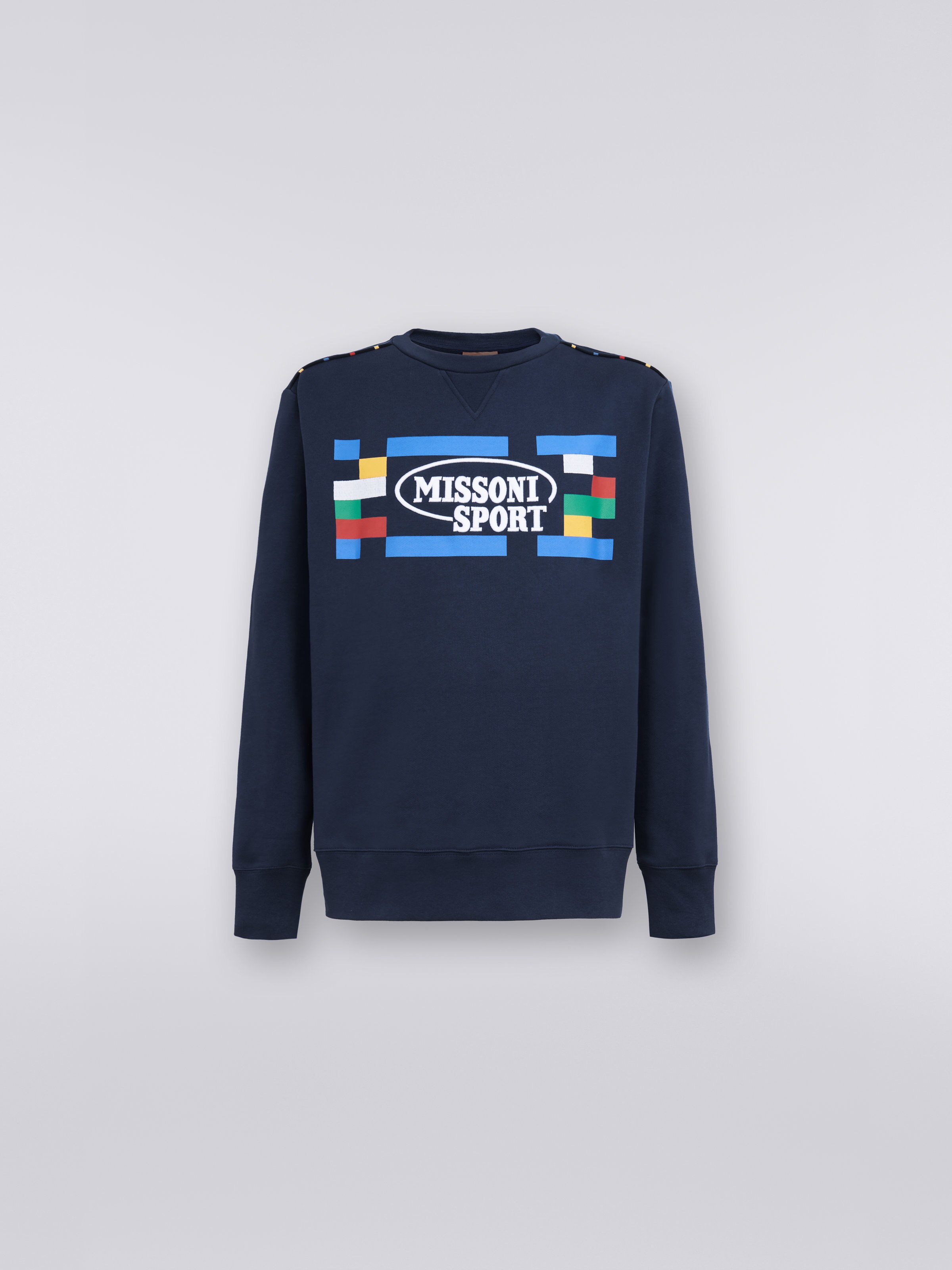 Crew-neck cotton sweatshirt with Legacy logo and knitted piping, Navy Blue  - 0