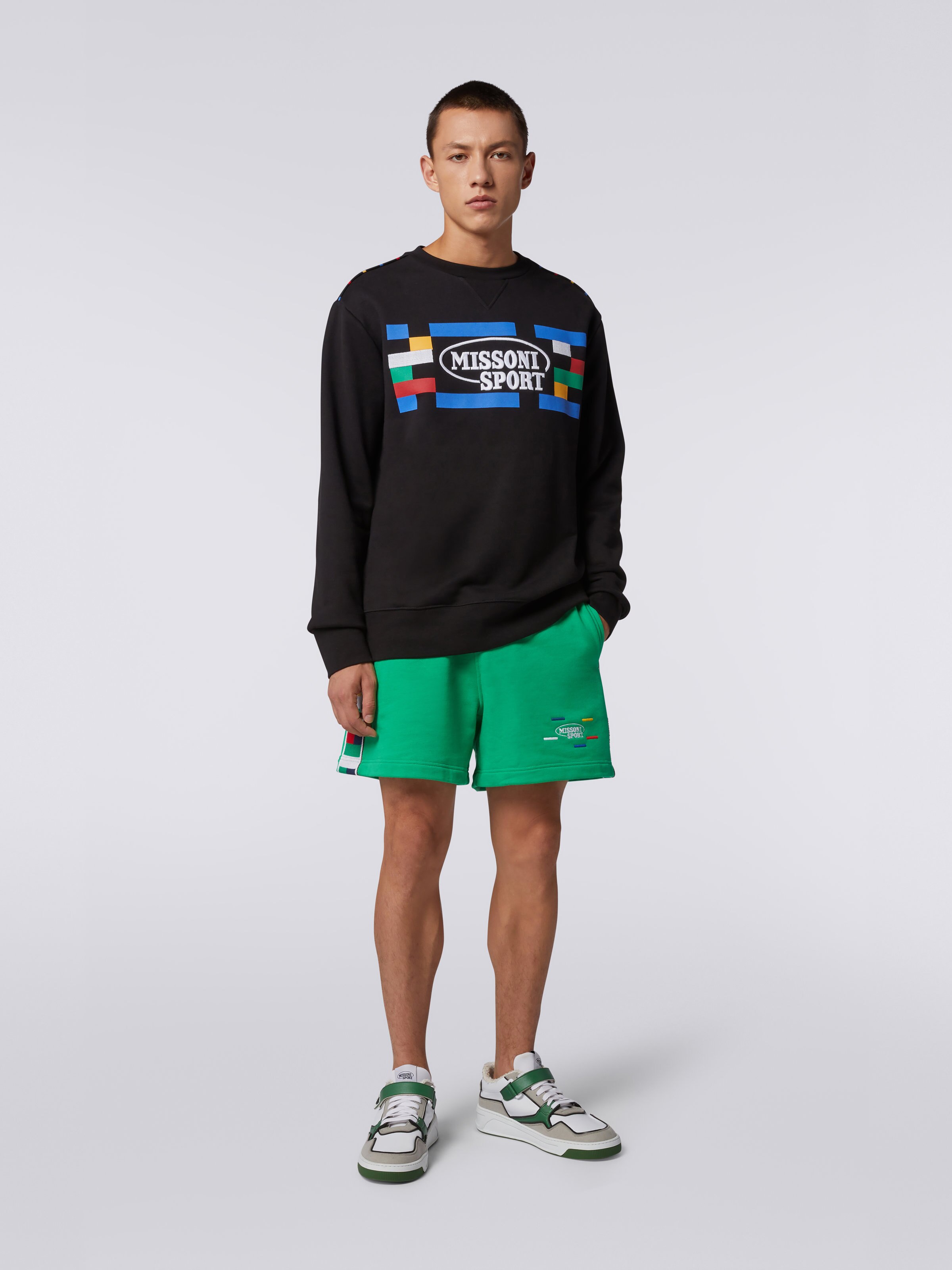 Crew-neck cotton sweatshirt with Legacy logo and knitted piping, Black & Multicoloured - 1