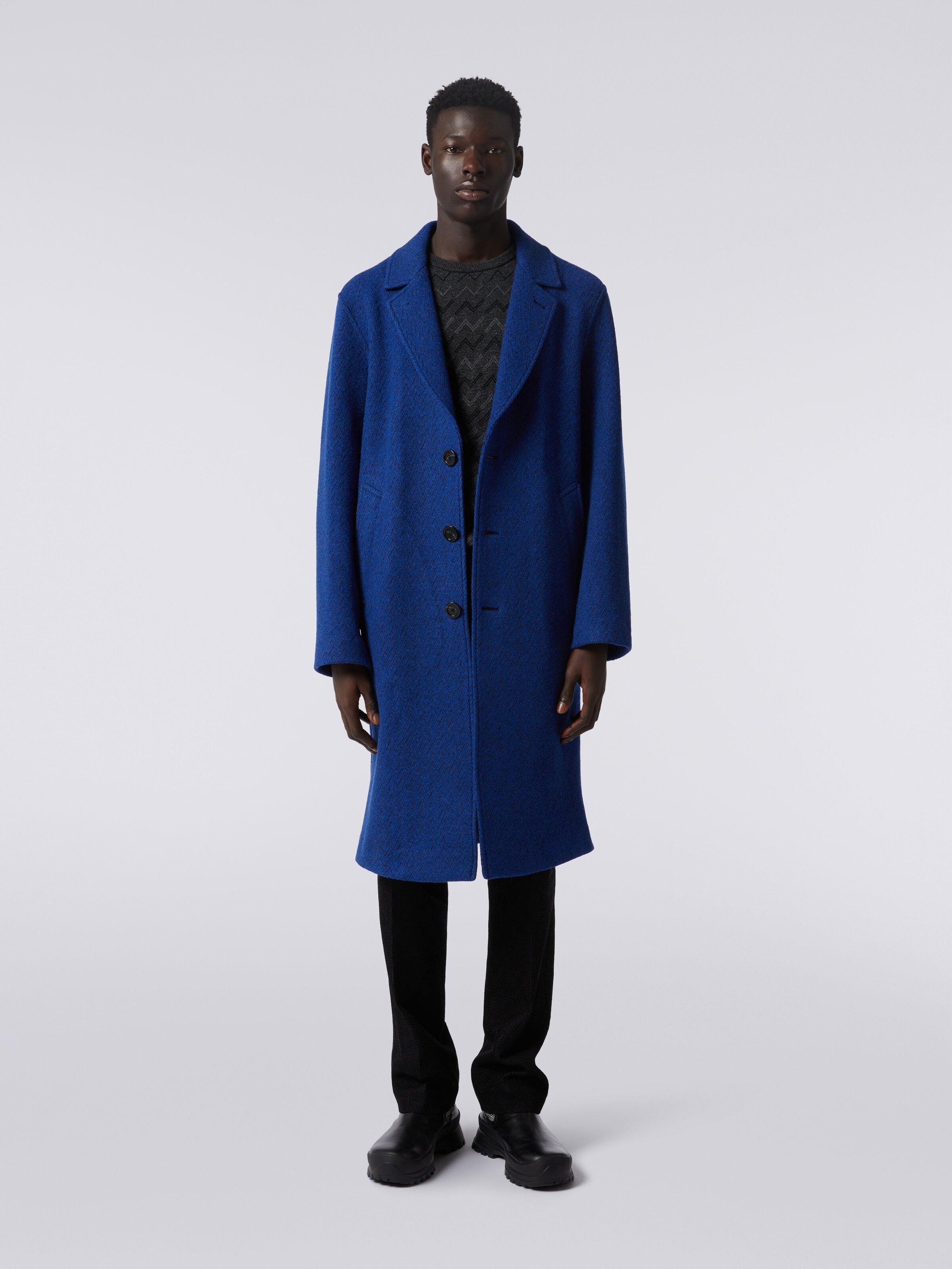 Boiled wool herringbone coat, Blue - 1