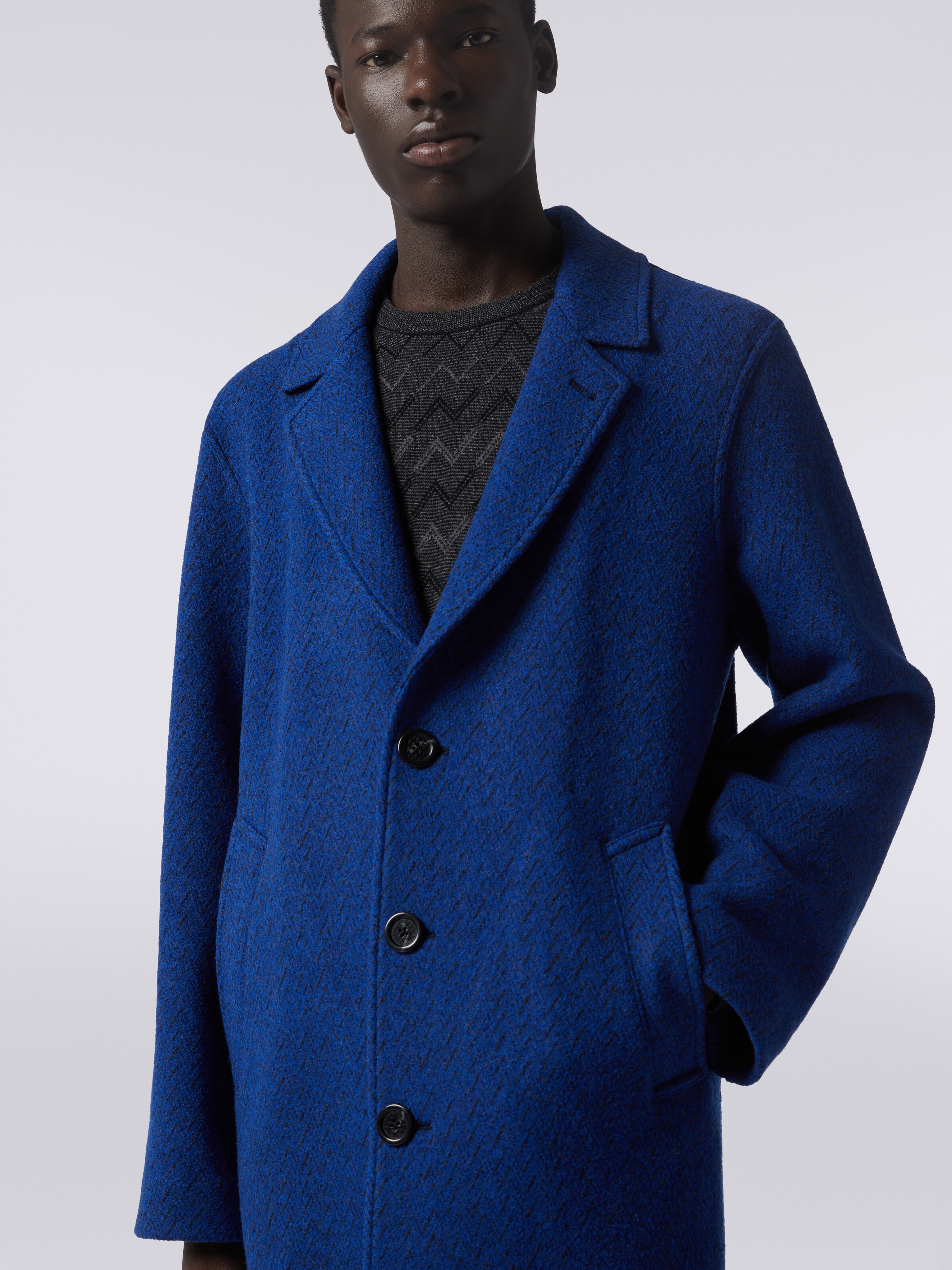 Boiled wool herringbone coat, Blue - 4