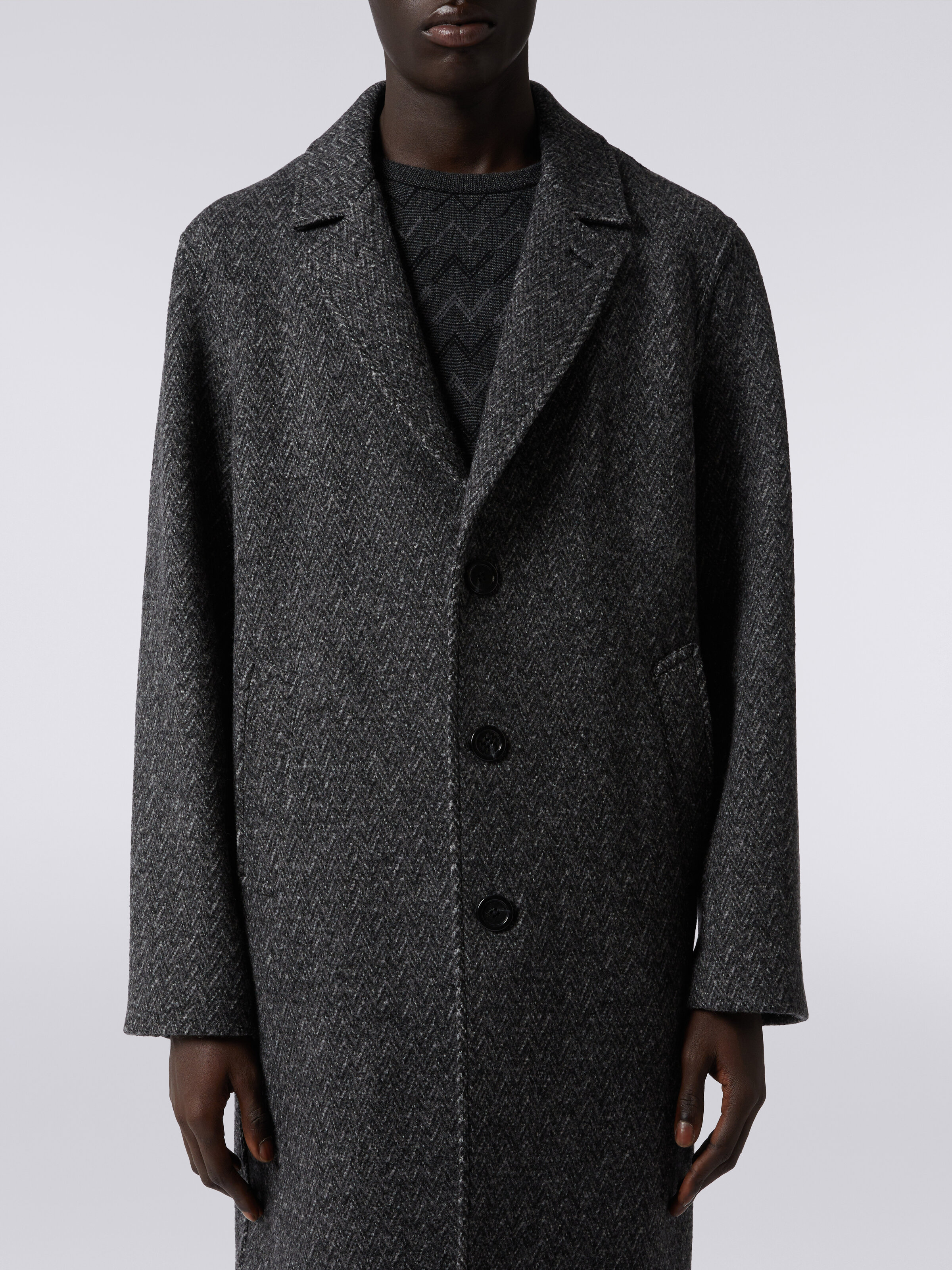 Boiled wool herringbone coat, Black    - 4