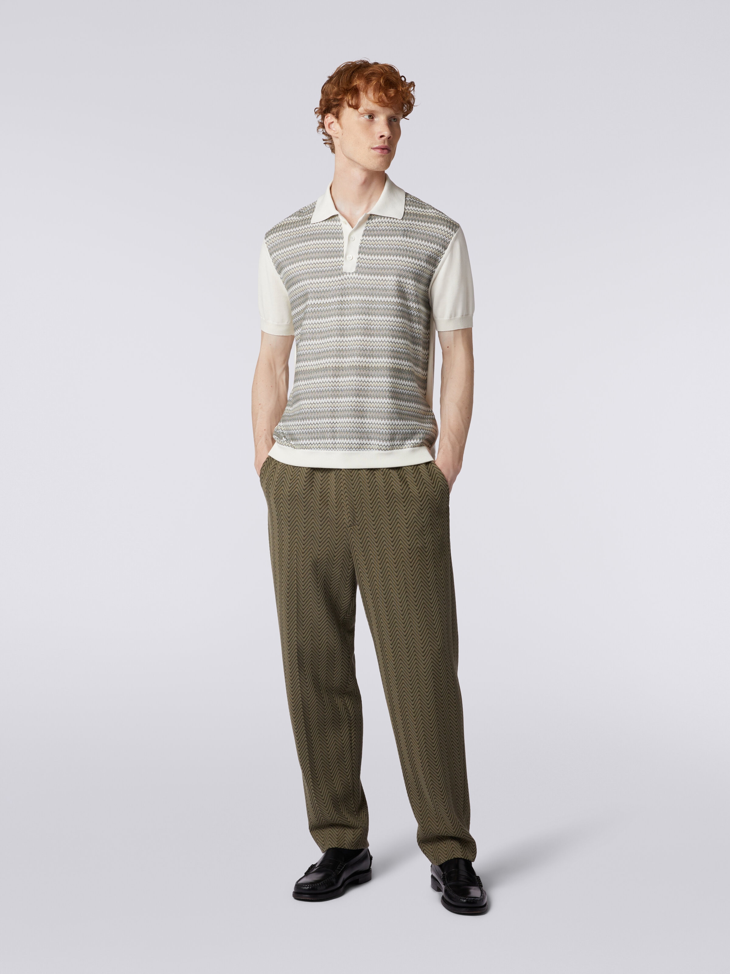 Pantalon classique en coton et viscose à zig zag , Vert  - 1