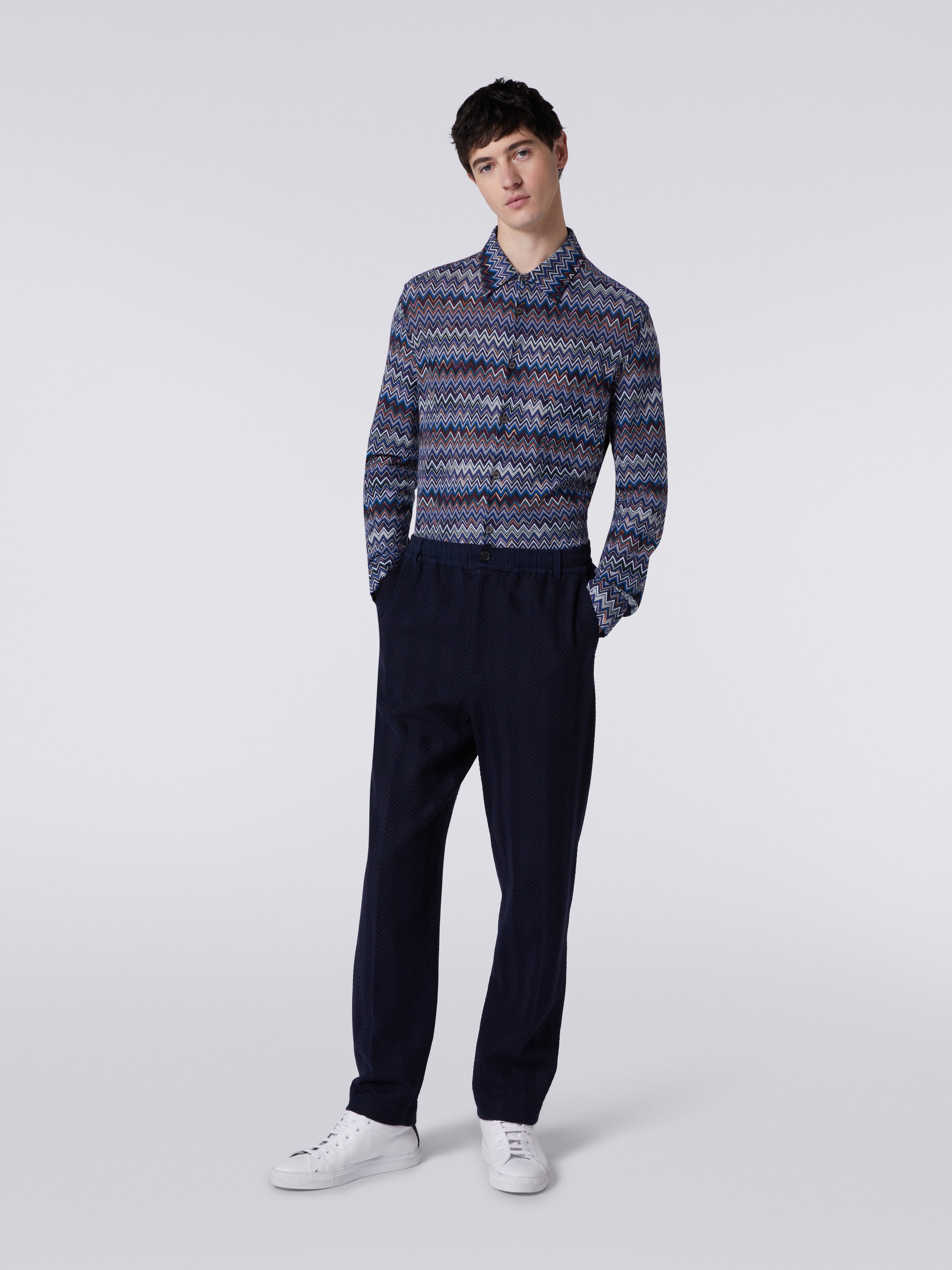 Classic cotton and viscose zigzag trousers, Blue - 1