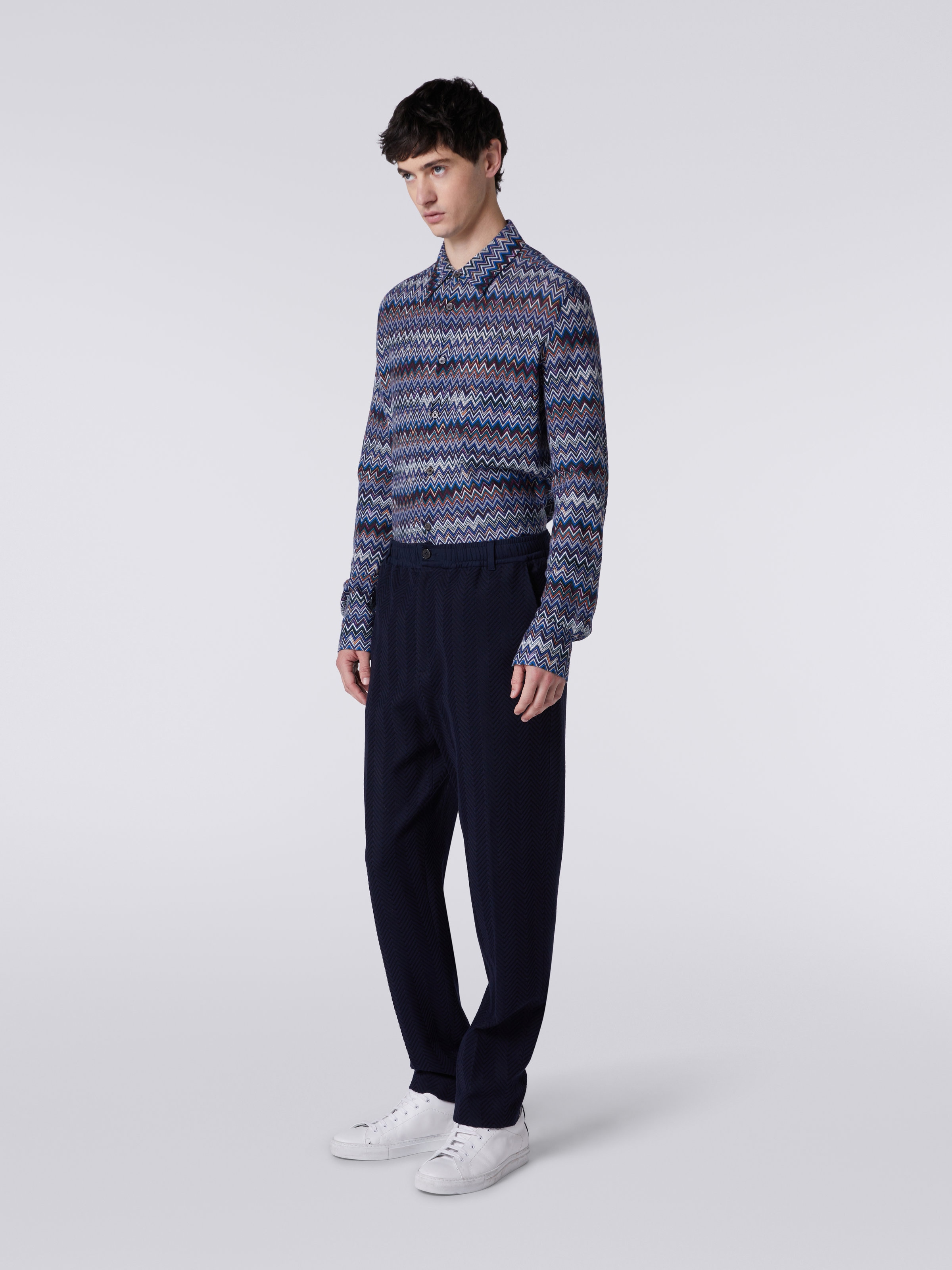 Classic cotton and viscose zigzag trousers, Blue - 2