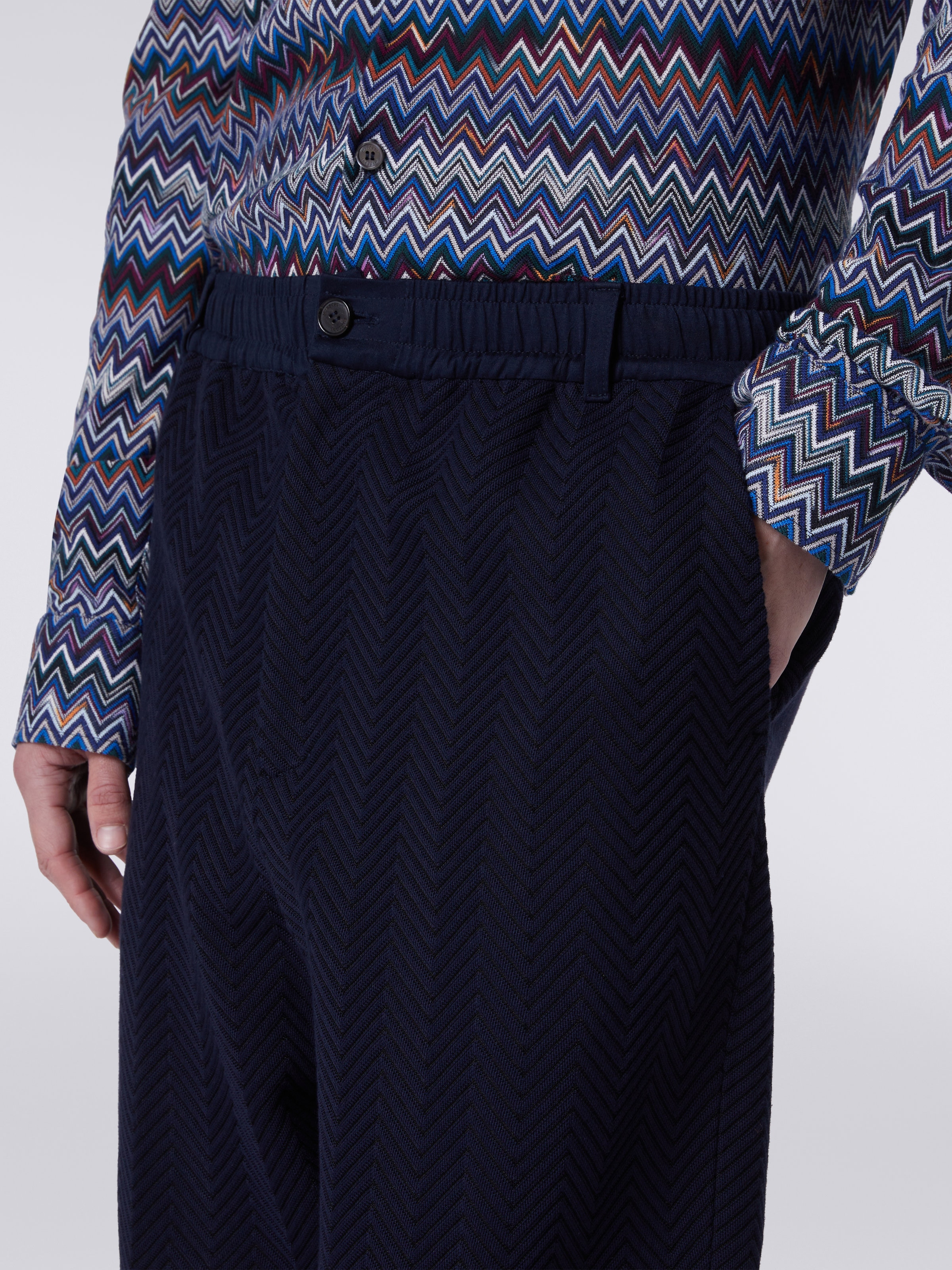 Classic cotton and viscose zigzag trousers, Blue - 4