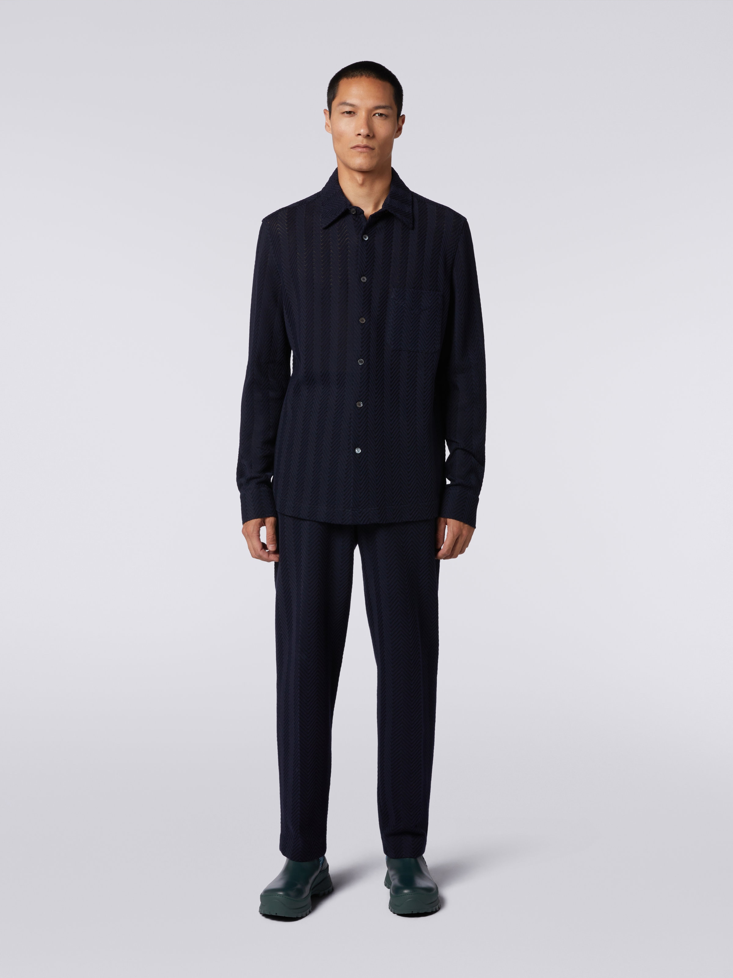 Camisa de algodón y viscosa a espigas, Azul Oscuro - 1