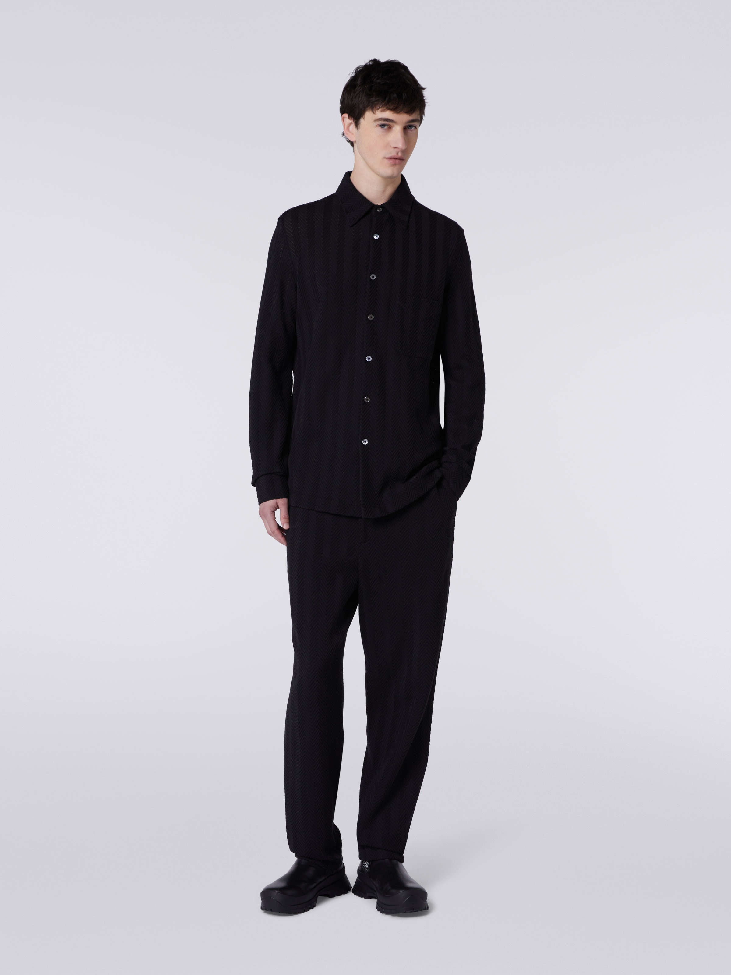 Camicia in cotone e viscosa chevron, Nero    - 1