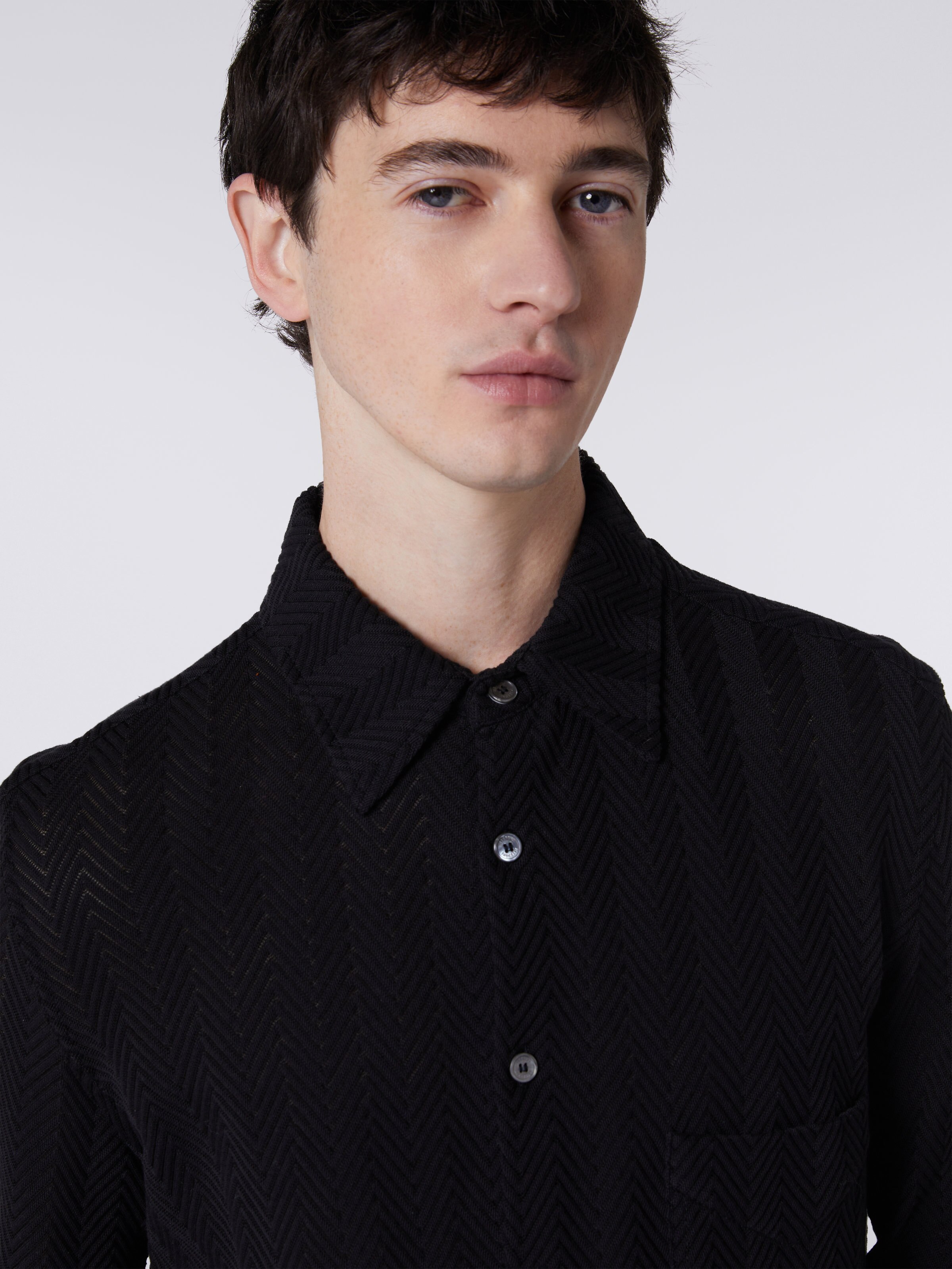 Camicia in cotone e viscosa chevron, Nero    - 4