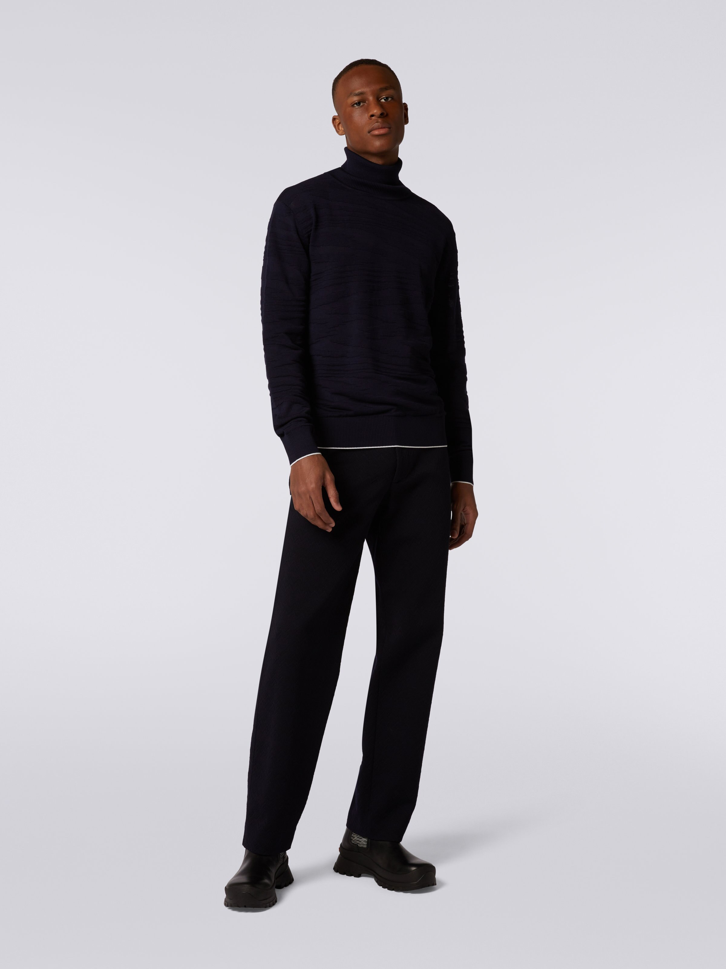 Embossed wool and viscose high neck jumper, Navy Blue  - 1